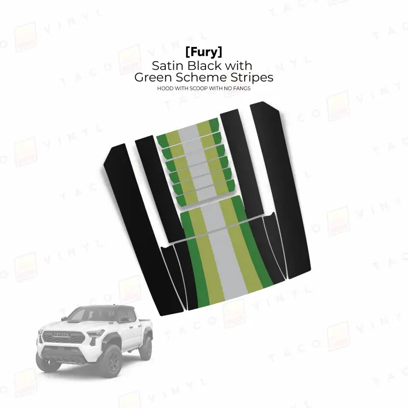 2024 + Tacoma Fury Hood Scoop Stamp (W/ No Fangs) - Satin Black with Green Scheme Stripes - Hood Stamp