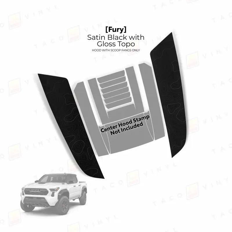 Satin black hood decal with gloss topo for 2024+ Tacoma Fury Hood Stamp