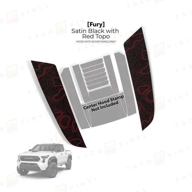 Satin black and red topo hood decal for 2024+ Tacoma Fury Hood Stamp or Fury Hood