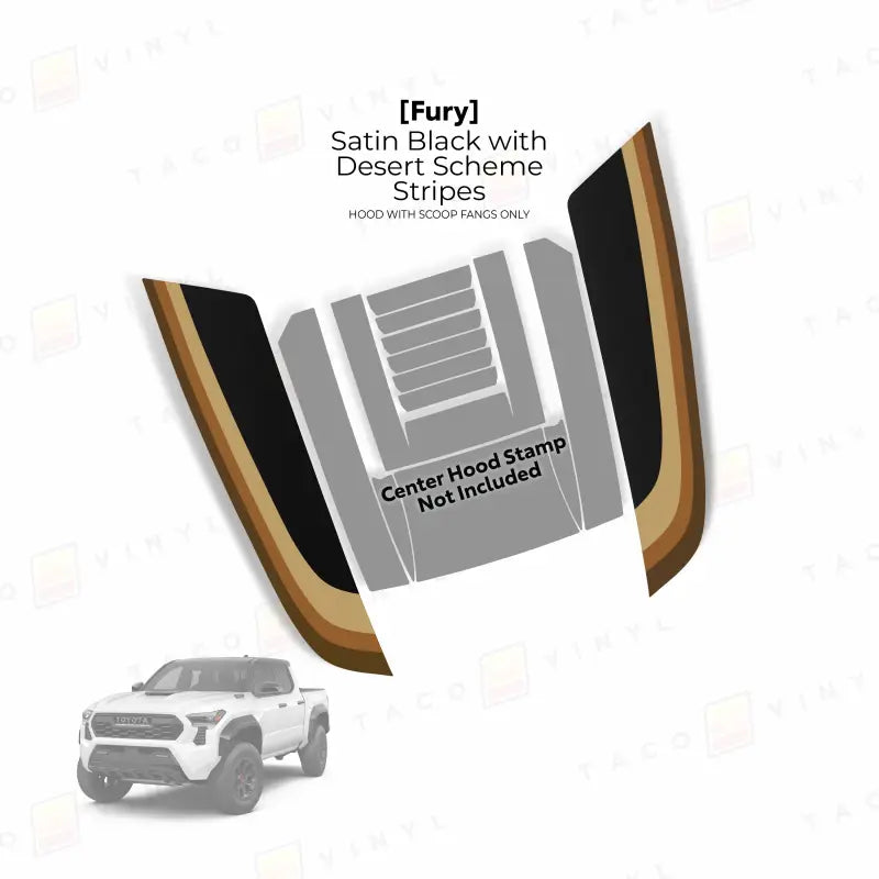 Satin black hood stripes with desert scheme on 2024 Tacoma Fury Hood Stamp featuring fury hood stamp