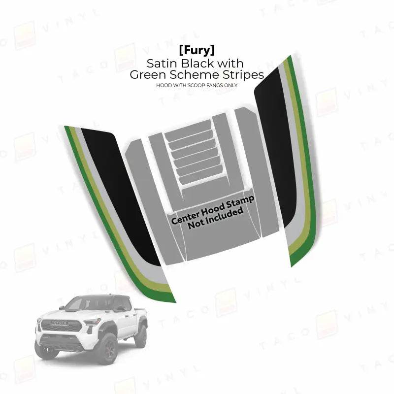 Satin black hood stripes with green accents on 2024 Tacoma Fury Hood Stamp, fury hood accessory