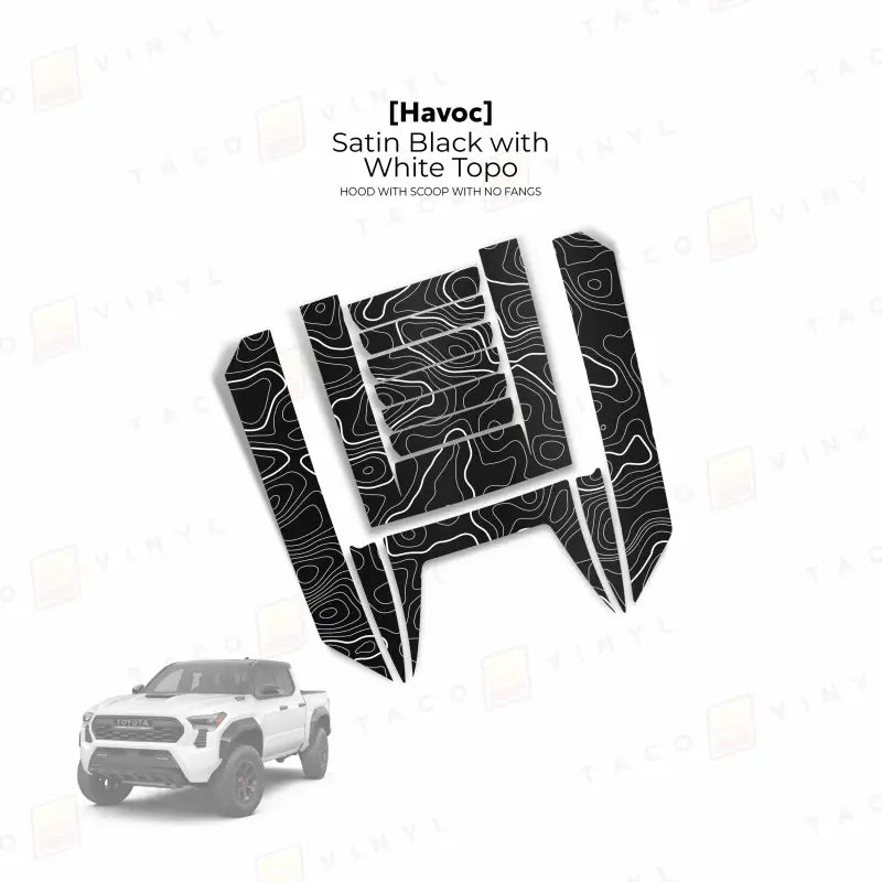 2024 + Tacoma Havoc Hood Scoop Stamp (W/ No Fangs) - Satin Black with White Topo - Hood Stamp
