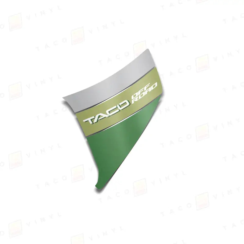 Green and silver TACO OFF ROAD emblem on 2024 Tacoma lower bedside decals