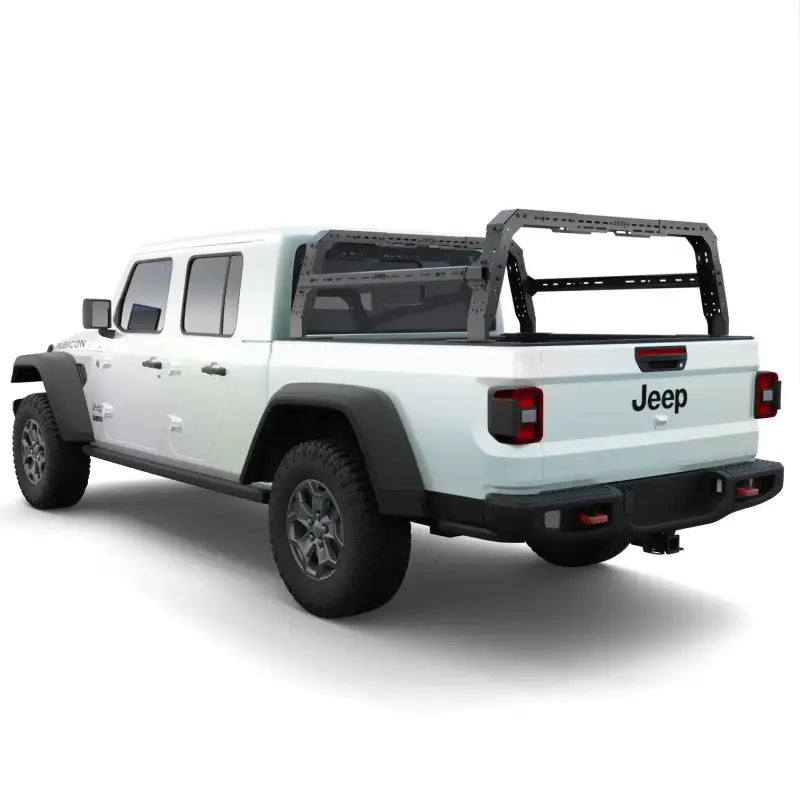 Rear view of Jeep Gladiator featuring the adjustable Shiprock bed rack, ideal for cargo and overlanding with 800 lbs static capacity.