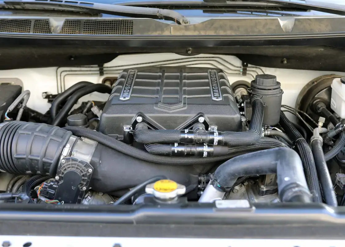 19-21 Toyota Tundra 5.7L Magnum Supercharger System TVS2650 installed in the engine bay, demonstrating its integration and performance fit.