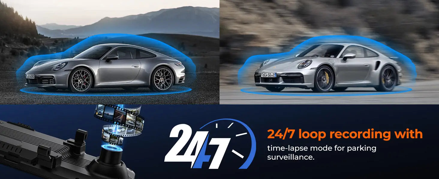 M4 3ch Mirror Dash Cam with 1080P 60fps Front + Rear + Bumper/Cabin Cameras 12’’IPS Touchscreen
