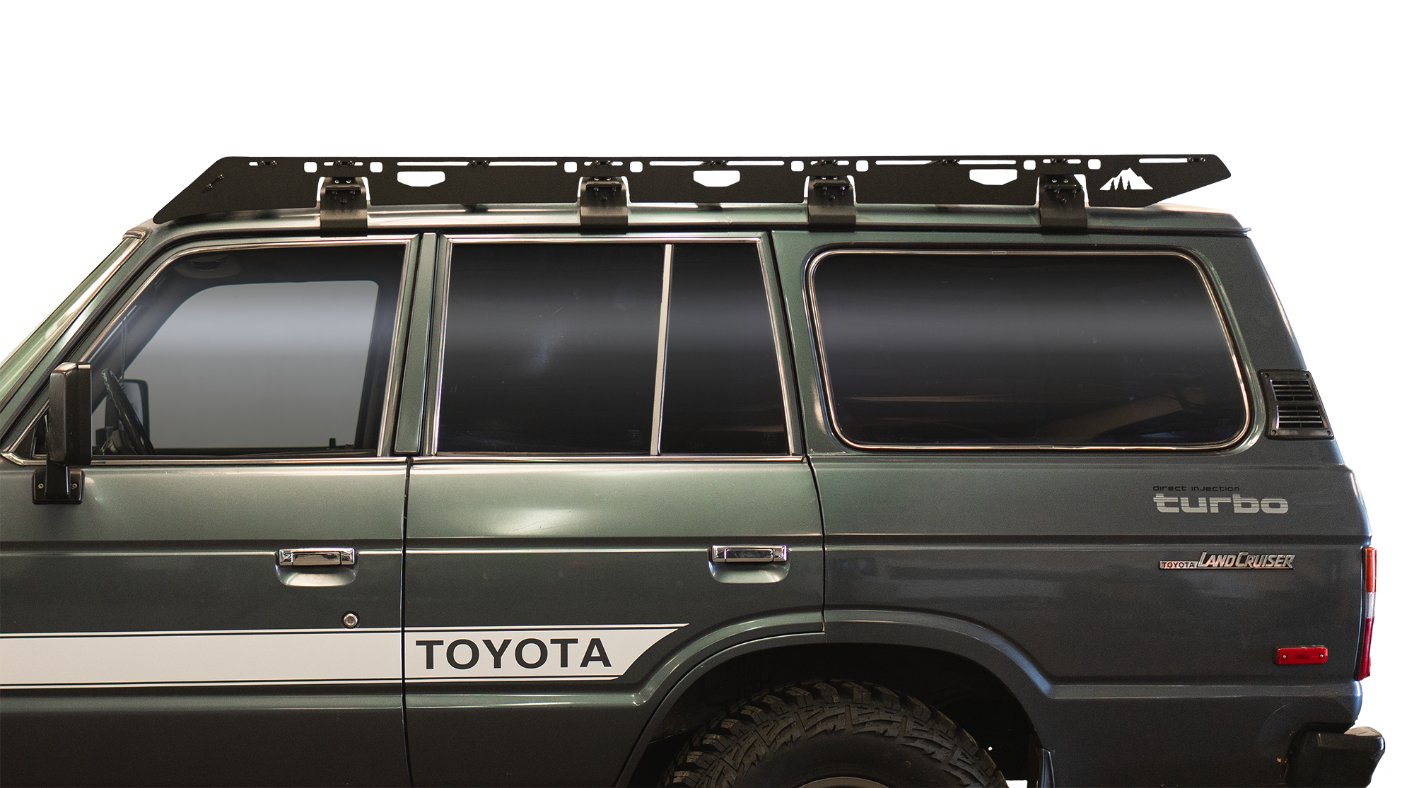 Close-up side view of a Toyota Land Cruiser 60 Series showcasing the sleek, powder-coated roof rack with multiple mounting points for gear.