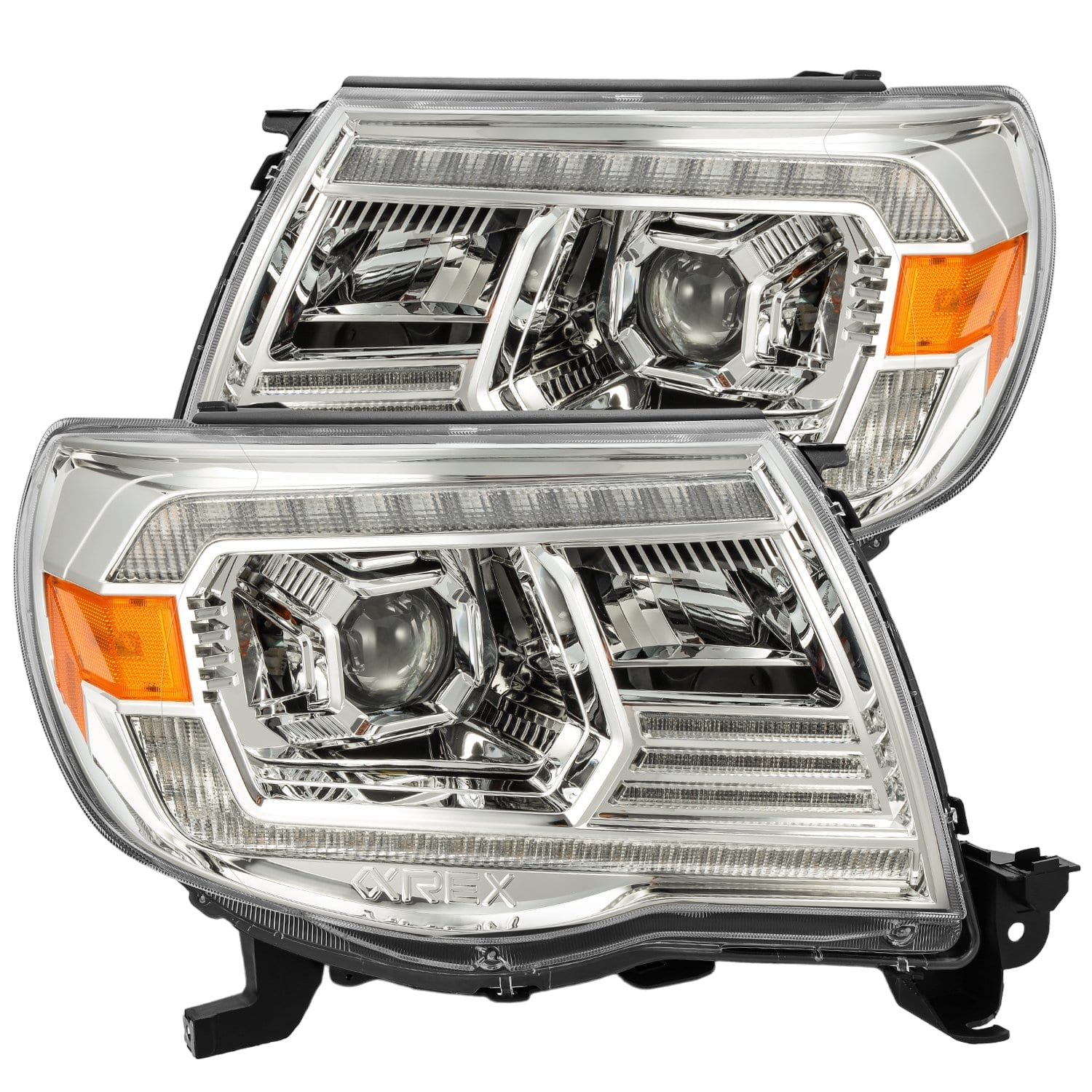 Chrome housing AlphaRex LUXX-Series projector headlights for 2005-2011 Toyota Tacoma, featuring amber accents and sleek design.