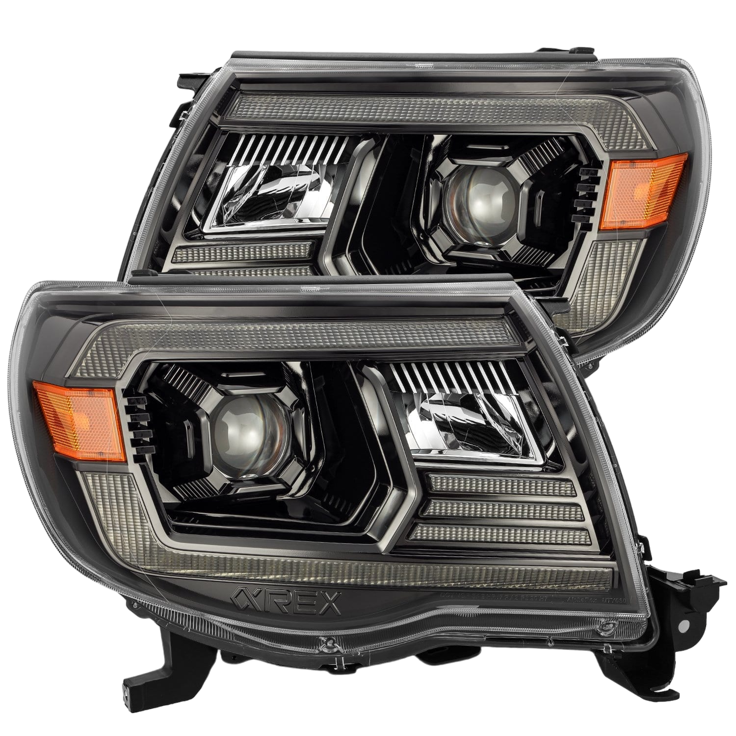 AlphaRex LUXX-Series projector headlights for 2005-2011 Toyota Tacoma in black housing with amber accents, enhancing visibility and style.