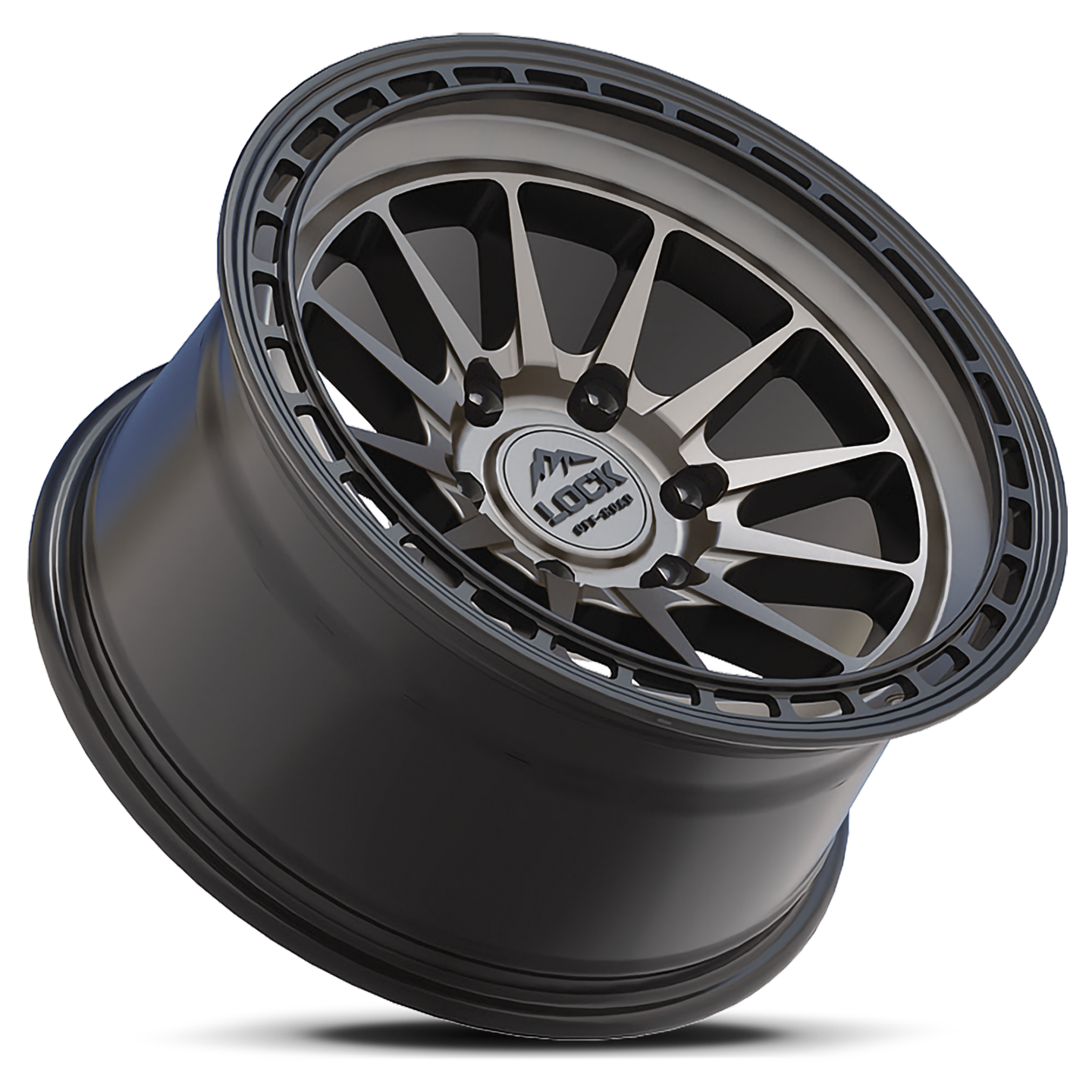 Angled view of the BAJA- MATTE GREY offroad wheel highlighting its lightweight construction, matte grey finish, and robust design for offroad vehicles.