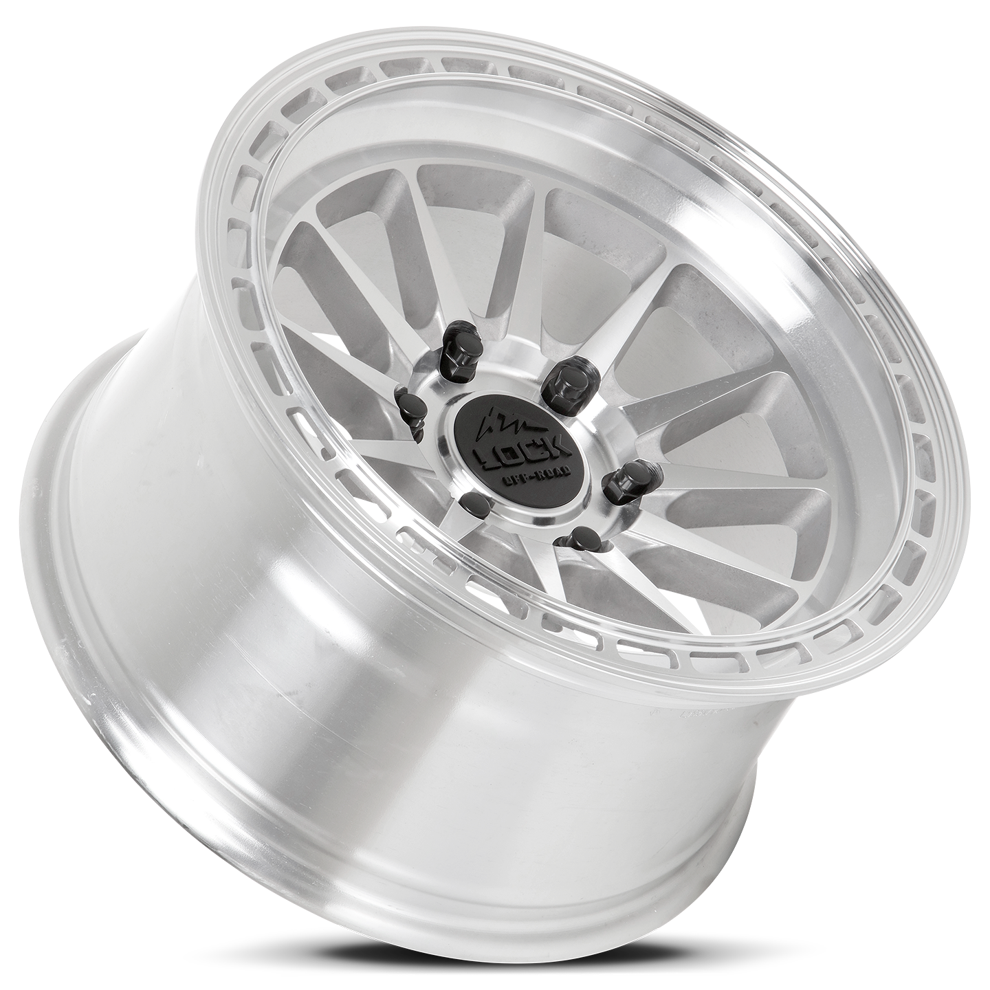 Angled view of BAJA- Machine Face Polish wheel highlighting its polished surface, lightweight design, and rugged build for motorsports and off-road use.