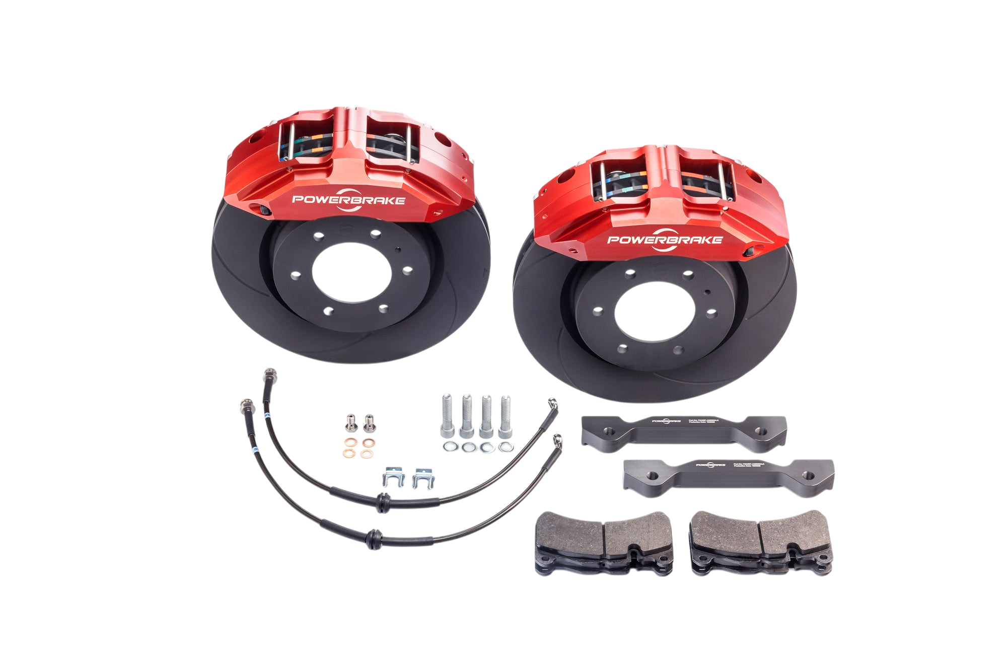 Big brake kit for Sequoia 2nd Gen featuring red 6-piston calipers, 14.6-inch rotors, brake pads, mounting brackets, and hardware.