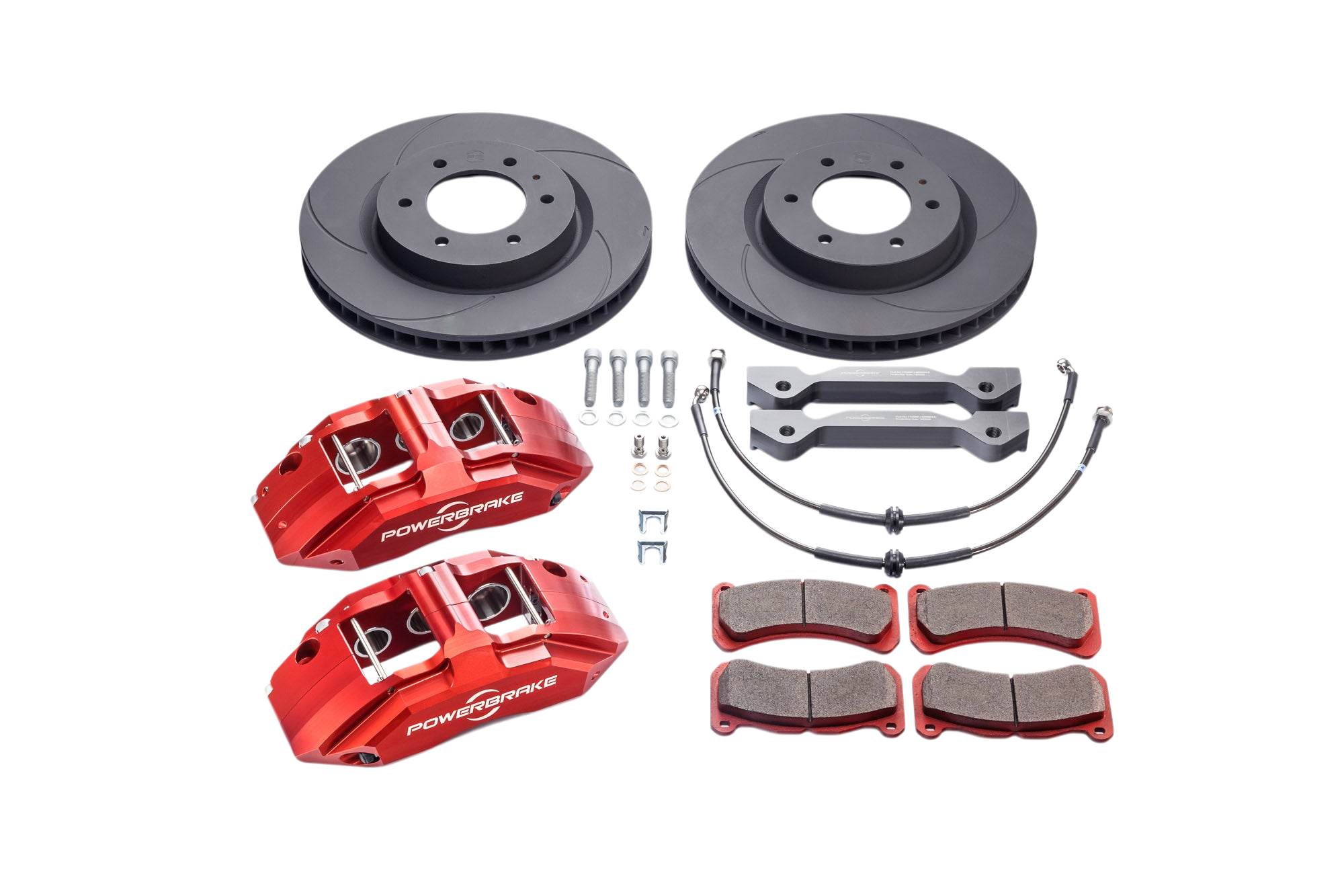 Complete big brake kit for Sequoia 2nd Gen with red 6-piston calipers, 14.6-inch rotors, brake pads, hoses, and mounting accessories.