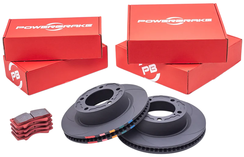 4Runner (5th Gen 4WD) Rear Brake Upgrade Kit featuring D-Line rotors and PB05 brake pads with PowerBrake packaging in the background.