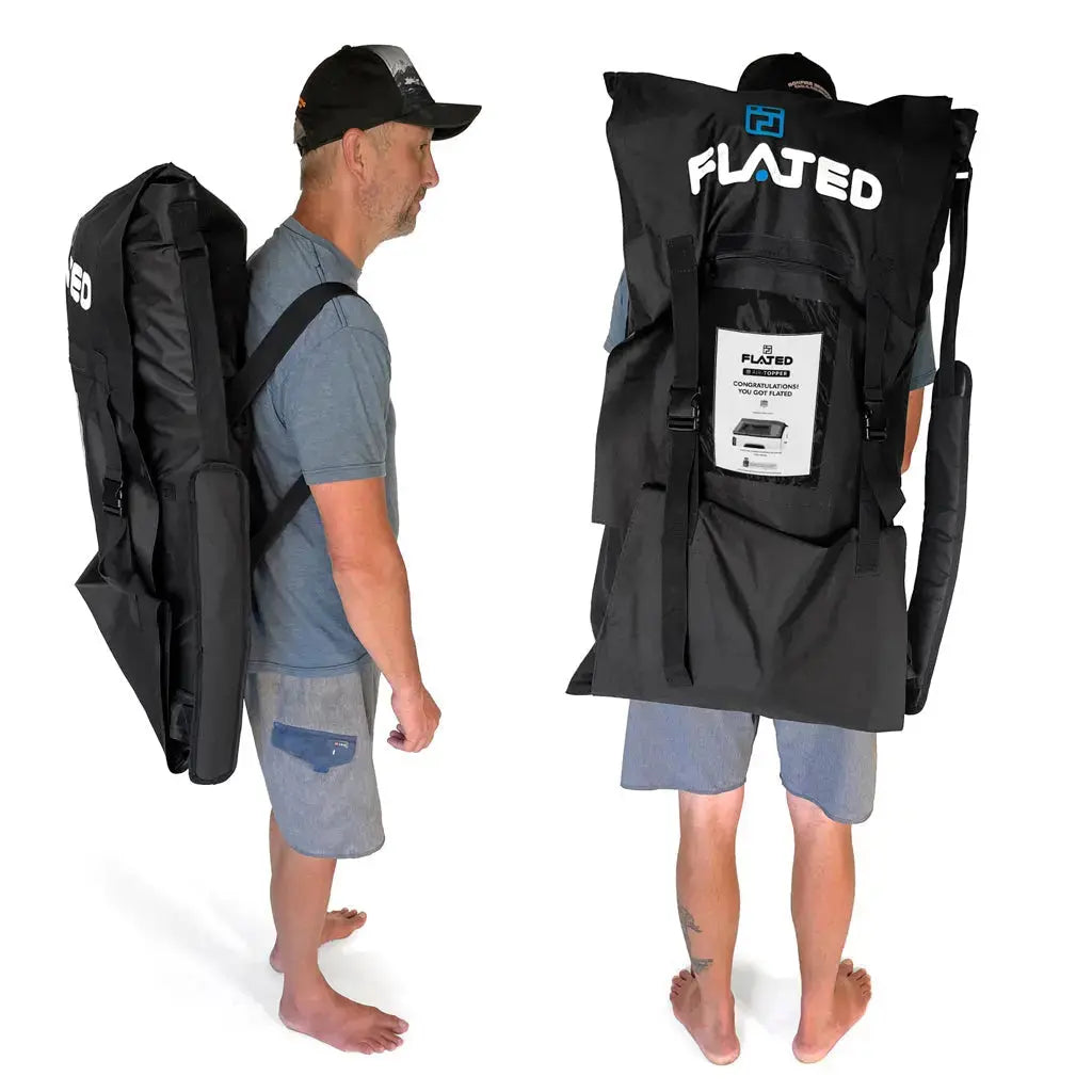 Man carrying the inflatable truck cap storage bag as a backpack, highlighting its lightweight and portable design for convenience.