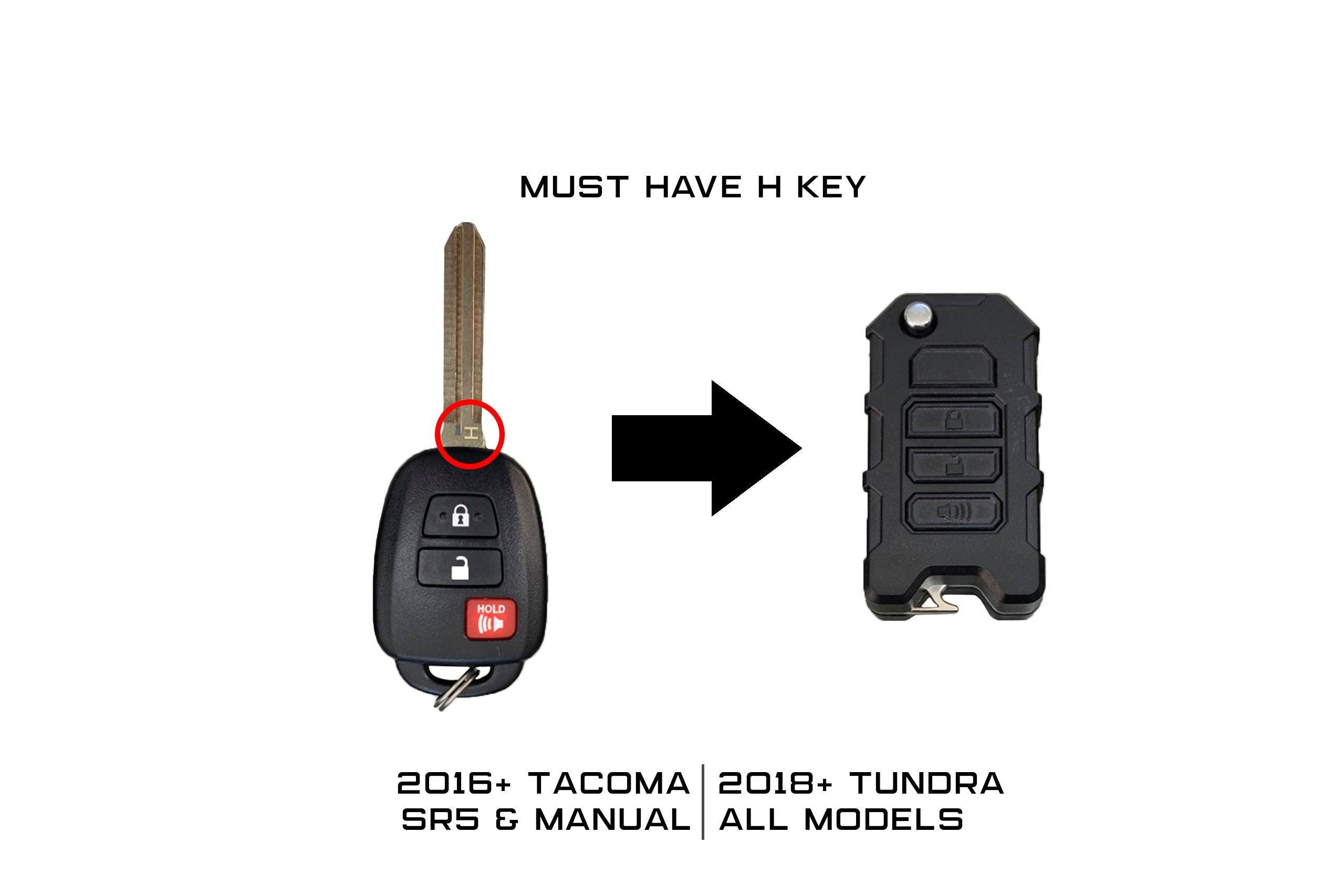 Comparison of original Toyota key and FlipFob upgrade for 2016+ Tacoma and 2018+ Tundra models. Compact and durable design.