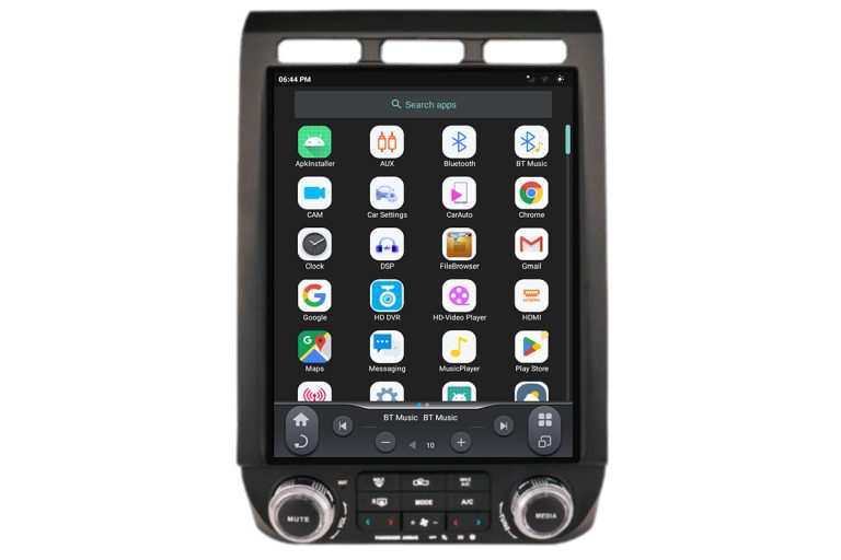 LinksWell GEN 6 T-Style 12.1-inch head unit with app menu interface, featuring icons for Bluetooth, navigation, and multimedia apps.