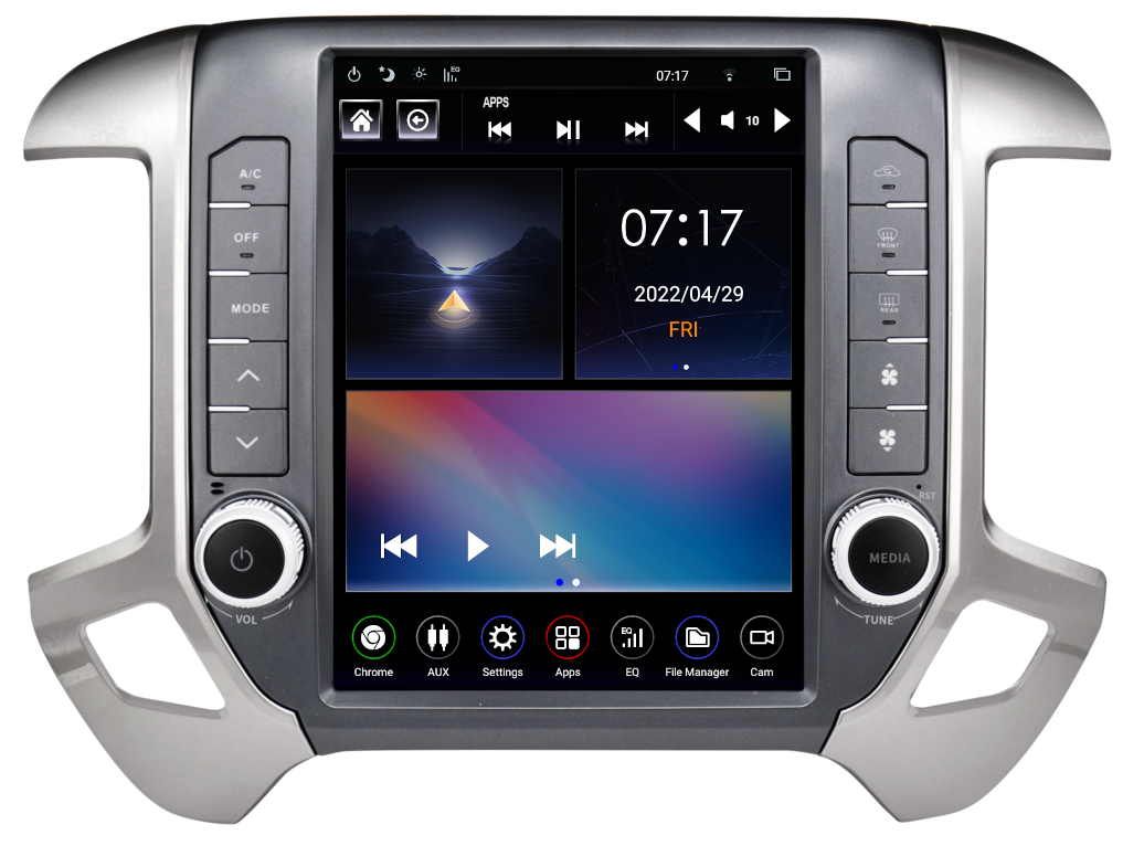 Linkswell GEN 5 T-Style head unit showing multimedia and clock interface for Silverado/Sierra 2014-2019, featuring Android 9.0 and CarPlay.