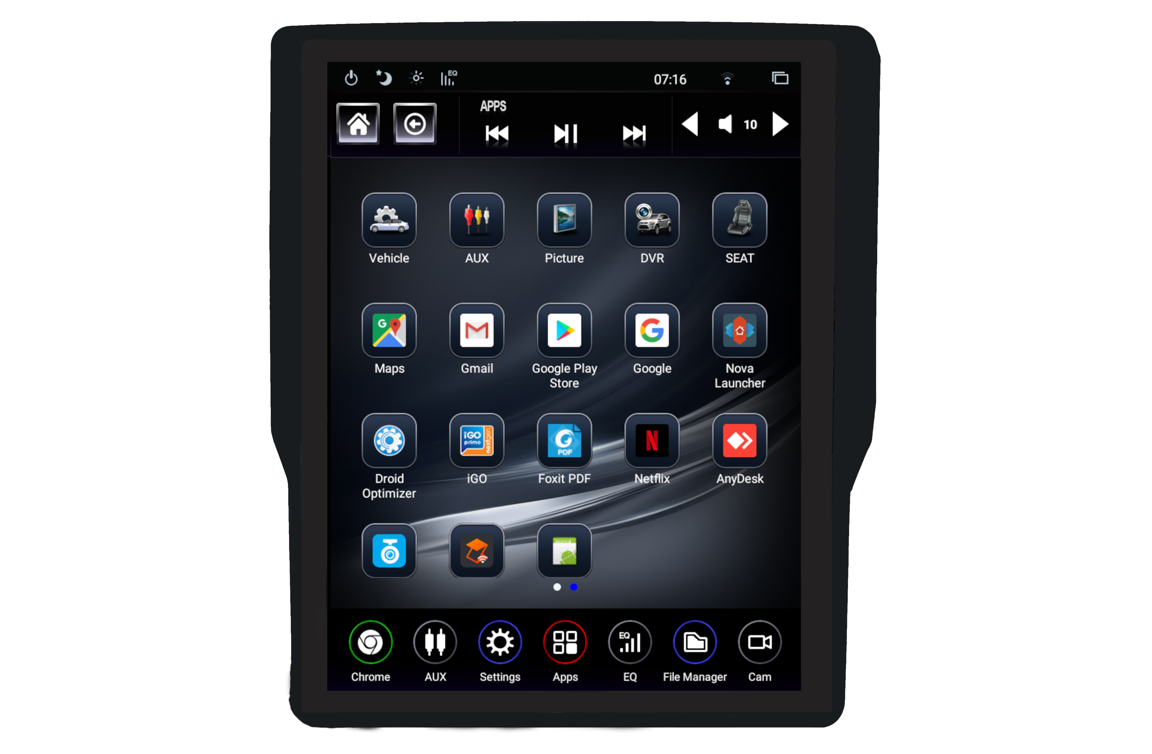 LinksWell GEN 5 T-Style Dodge RAM 19-24 Radio showing app menu on a 12.1-inch Android touchscreen, including navigation, media, and utility apps.