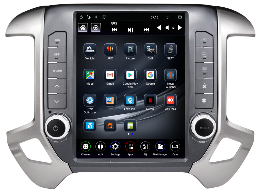 Linkswell GEN 5 T-Style head unit for Silverado/Sierra 2014-2019 with 12.1-inch Android 9.0 display, CarPlay, and app interface.