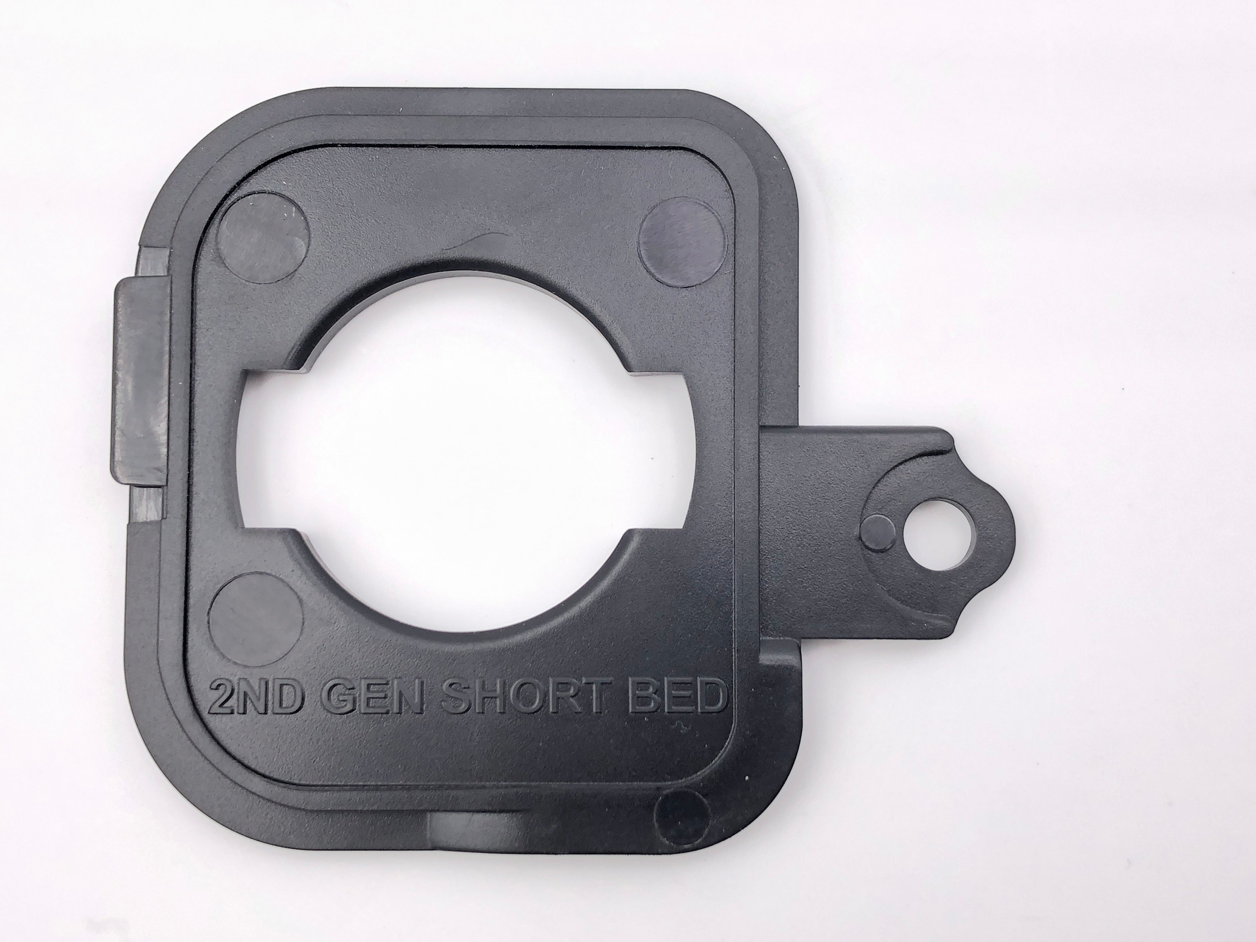 Back view of The Gasshole gas cap holder labeled '2nd Gen Short Bed,' compatible with 2005-2015 Toyota Tacoma models.