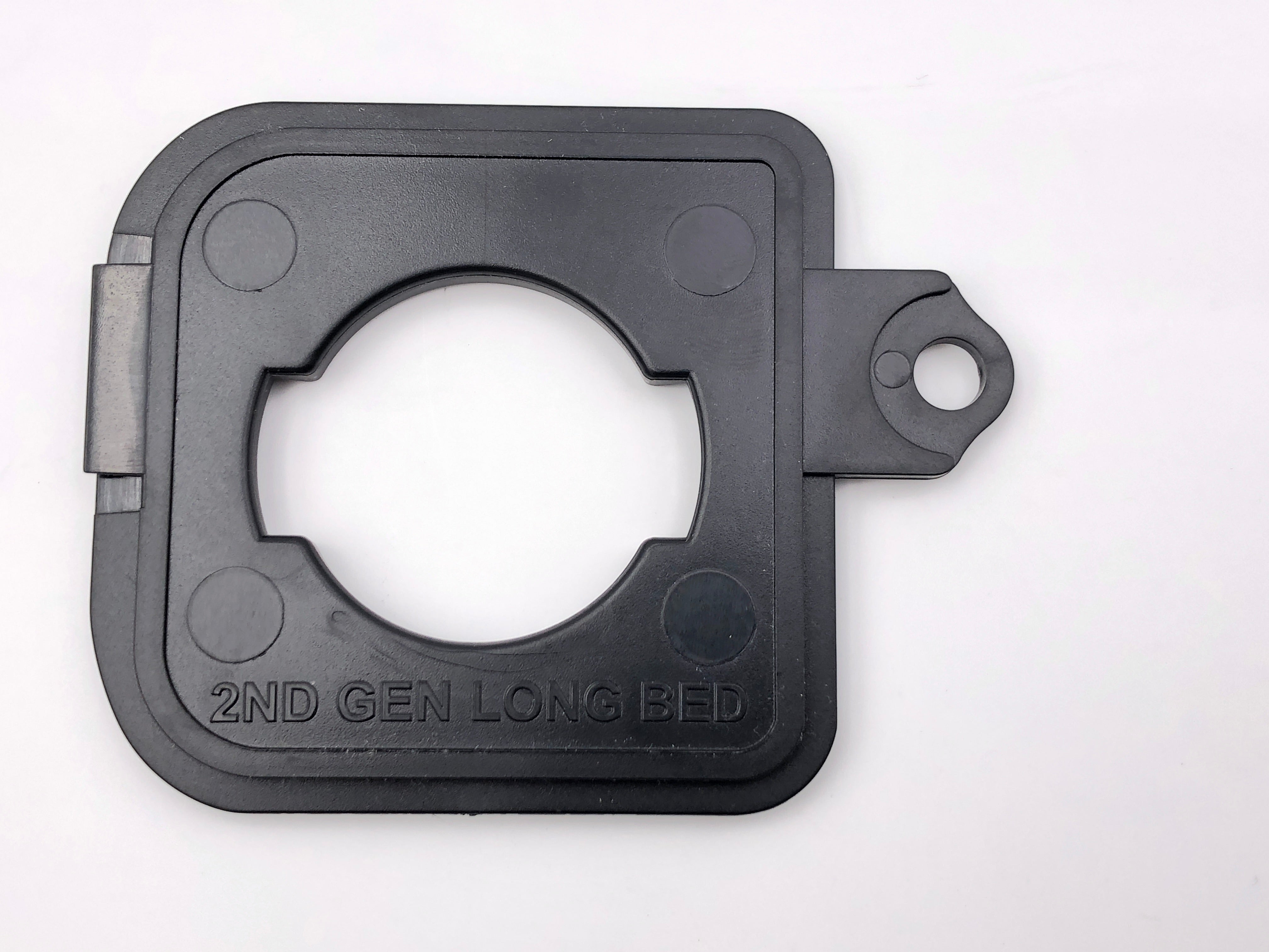 Back view of The Gasshole gas cap holder labeled '2nd Gen Long Bed,' designed for 2005-2015 Toyota Tacoma models.