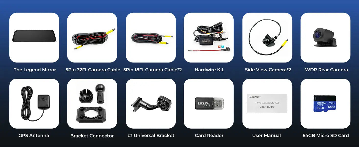 The Legend 4ch Waterproof Rear View Mirror Dash Cam with 1080P Front+ Rear+ Left/Right Side Cameras