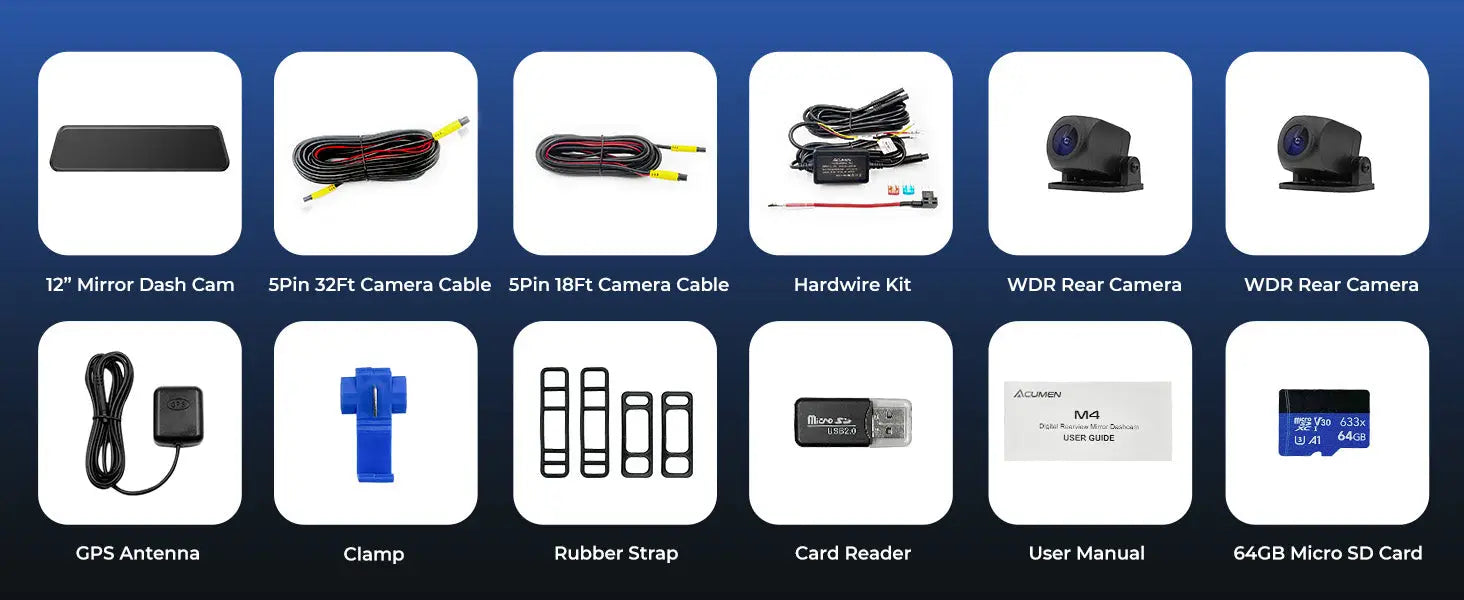 M4 3ch Mirror Dash Cam with 1080P 60fps Front + Rear + Bumper/Cabin Cameras 12’’IPS Touchscreen