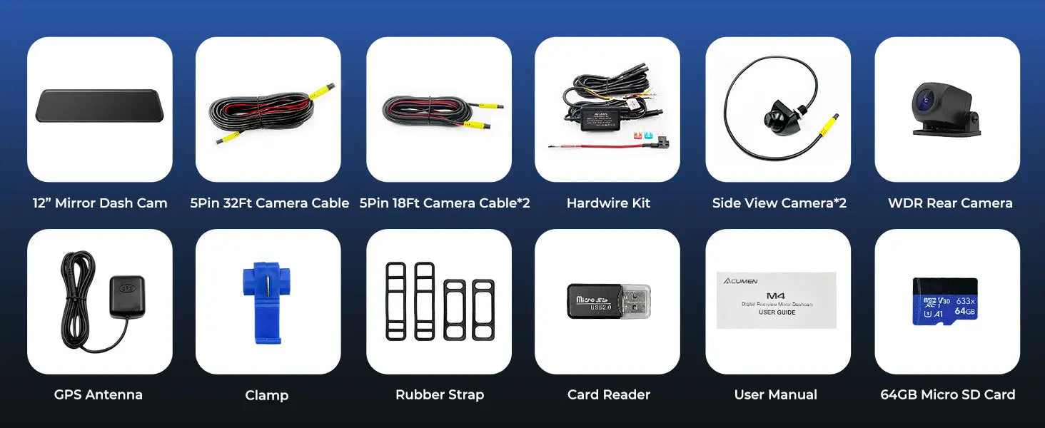 M4 Quad Mirror Dash Cam with 1080P Front + Rear + Left/Right Side Cameras 12’’IPS Touchscreen