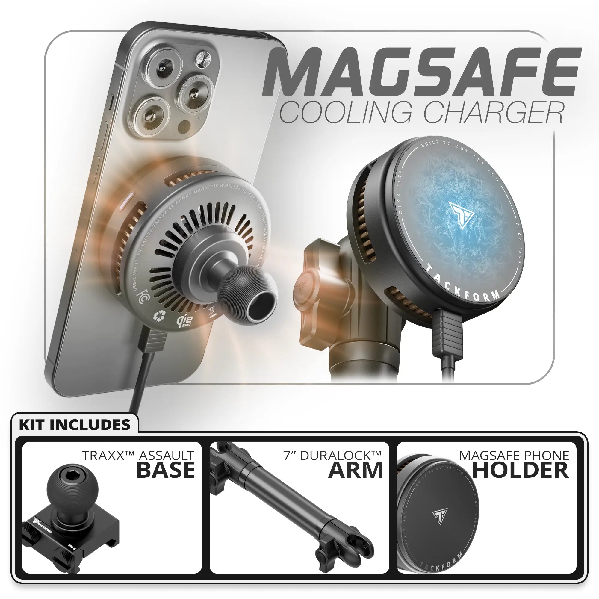 Qi2.2/MagSafe Charging & Cooling Phone Holder | TRAXX™ - Assault Track Picatinny Base | 7" DuraLock Arm