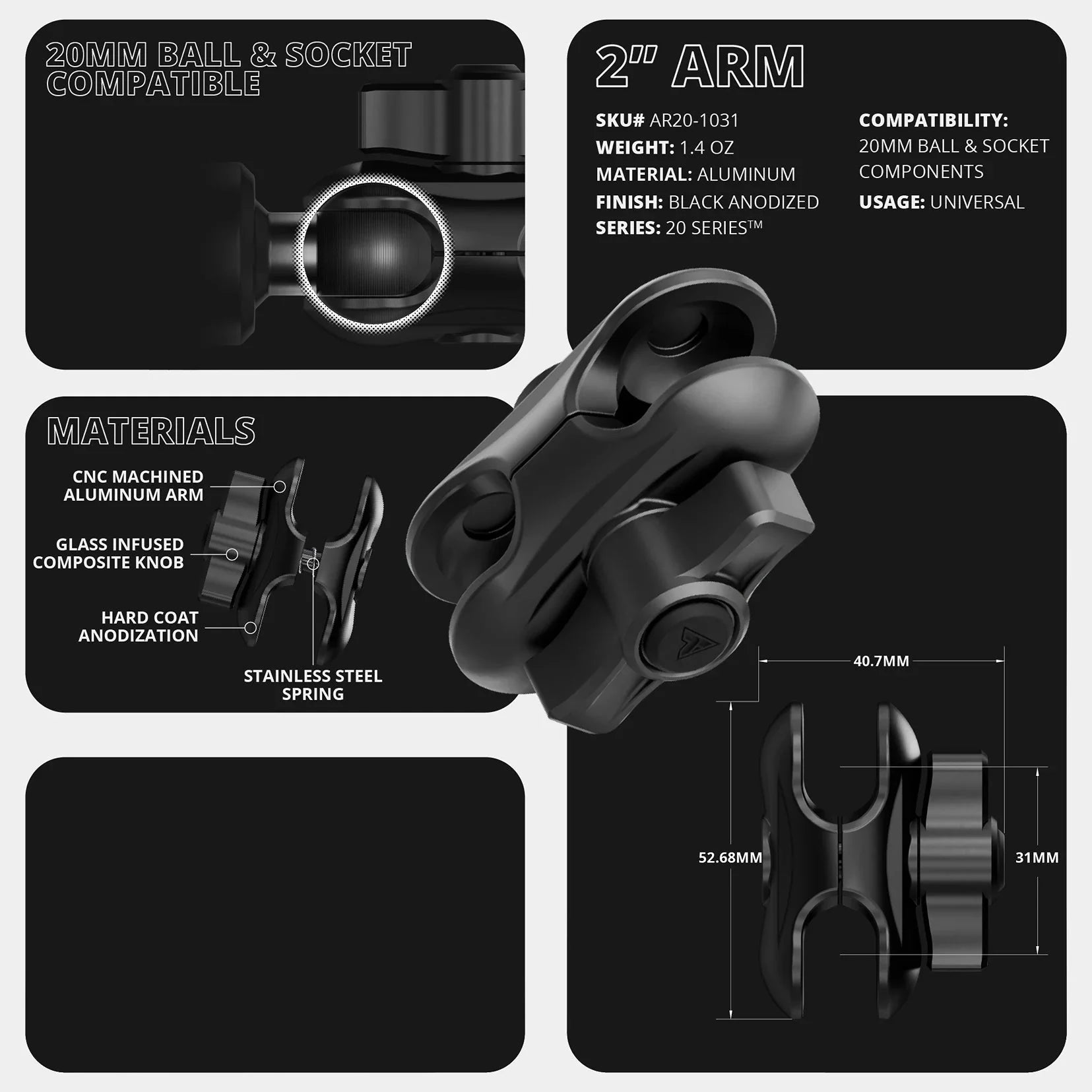 20LITE Phone Holder  | TRAXX™ - Slim Track Base | 2" DuraLock Arm