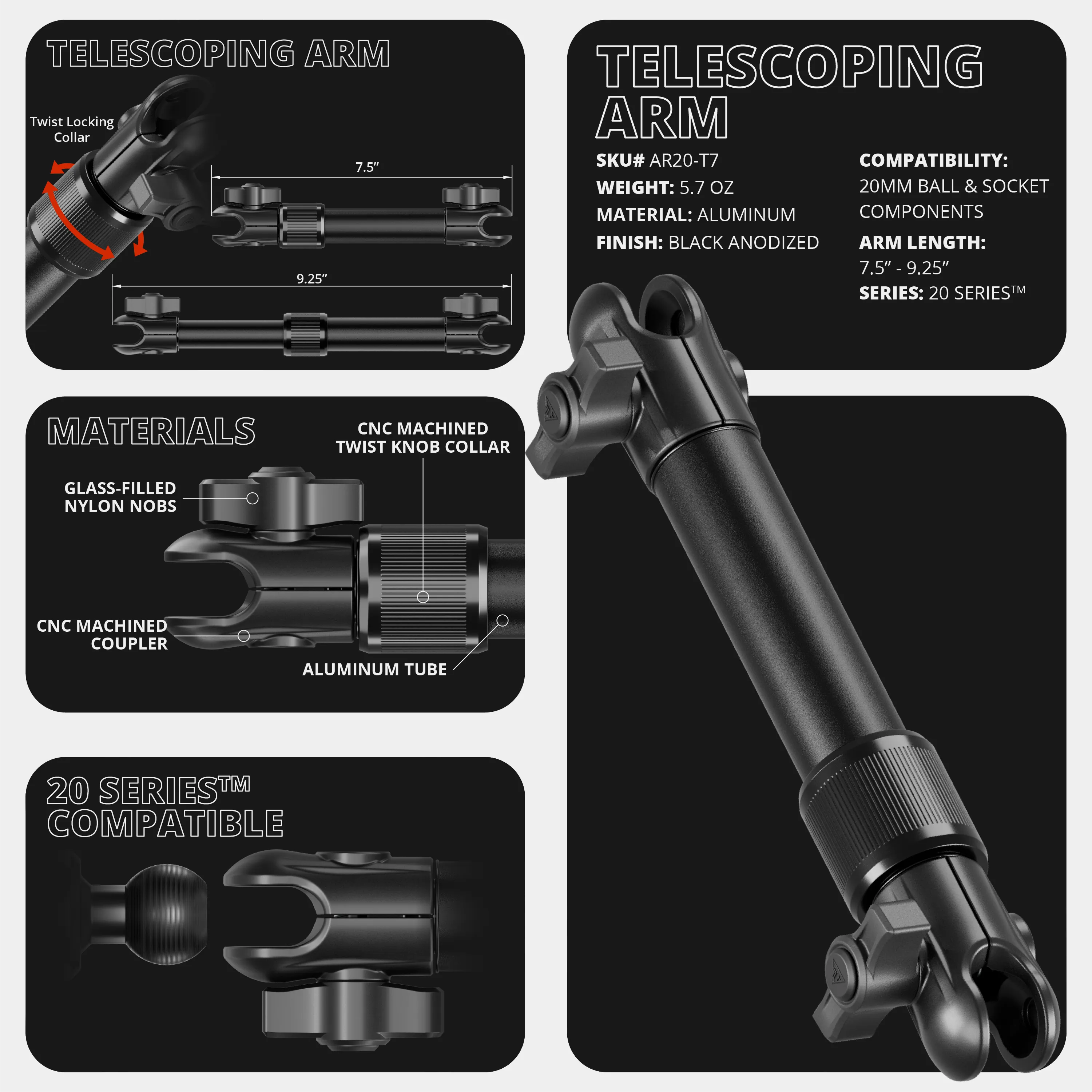 LINK™ Tablet Mount | Accessory Ready Dash and Grab Handle Compatible | 2021-2026 Ford Bronco | 7.5"-9.25" Telescoping Arm