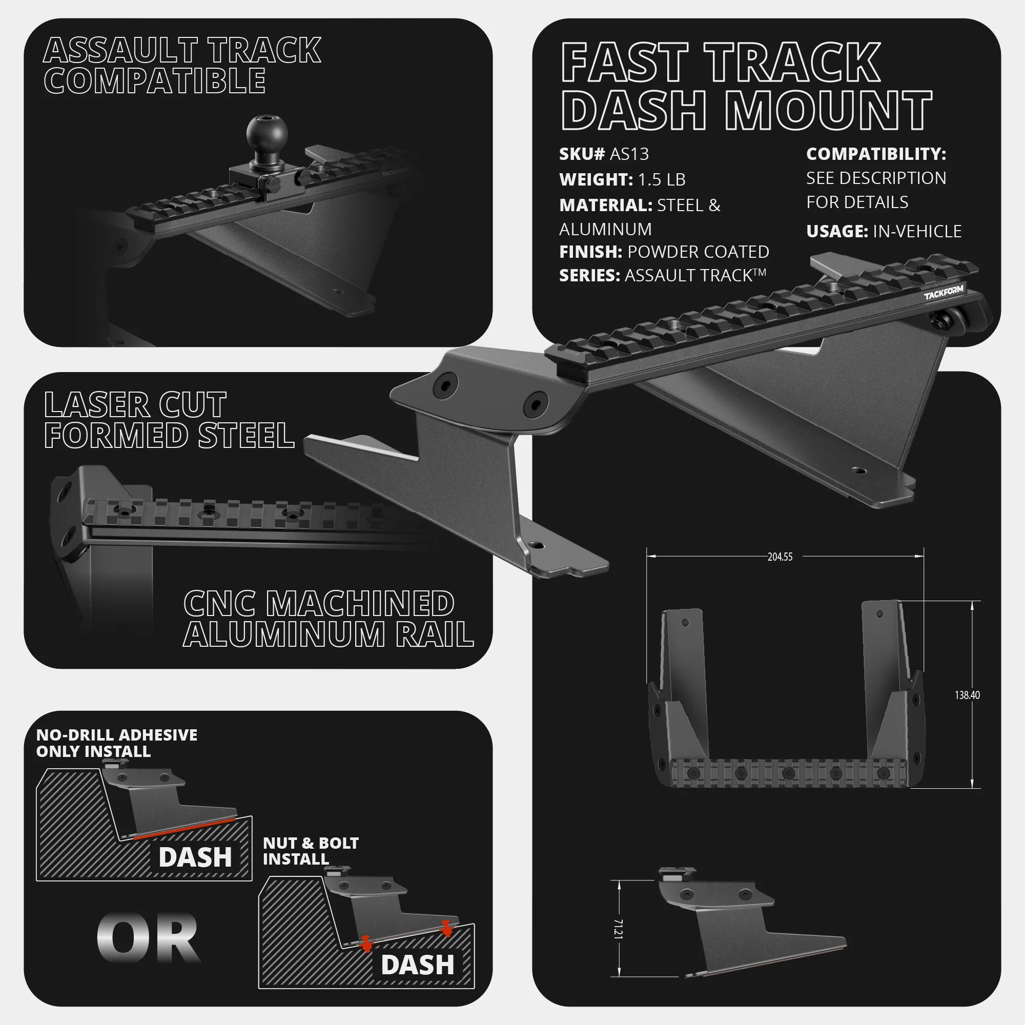 2022 Ford Super Duty (Compatible With 12” Screen ONLY) Tackform Assault Track Picatinny Dash Bracket With Dual MagSafe Phone Mounts