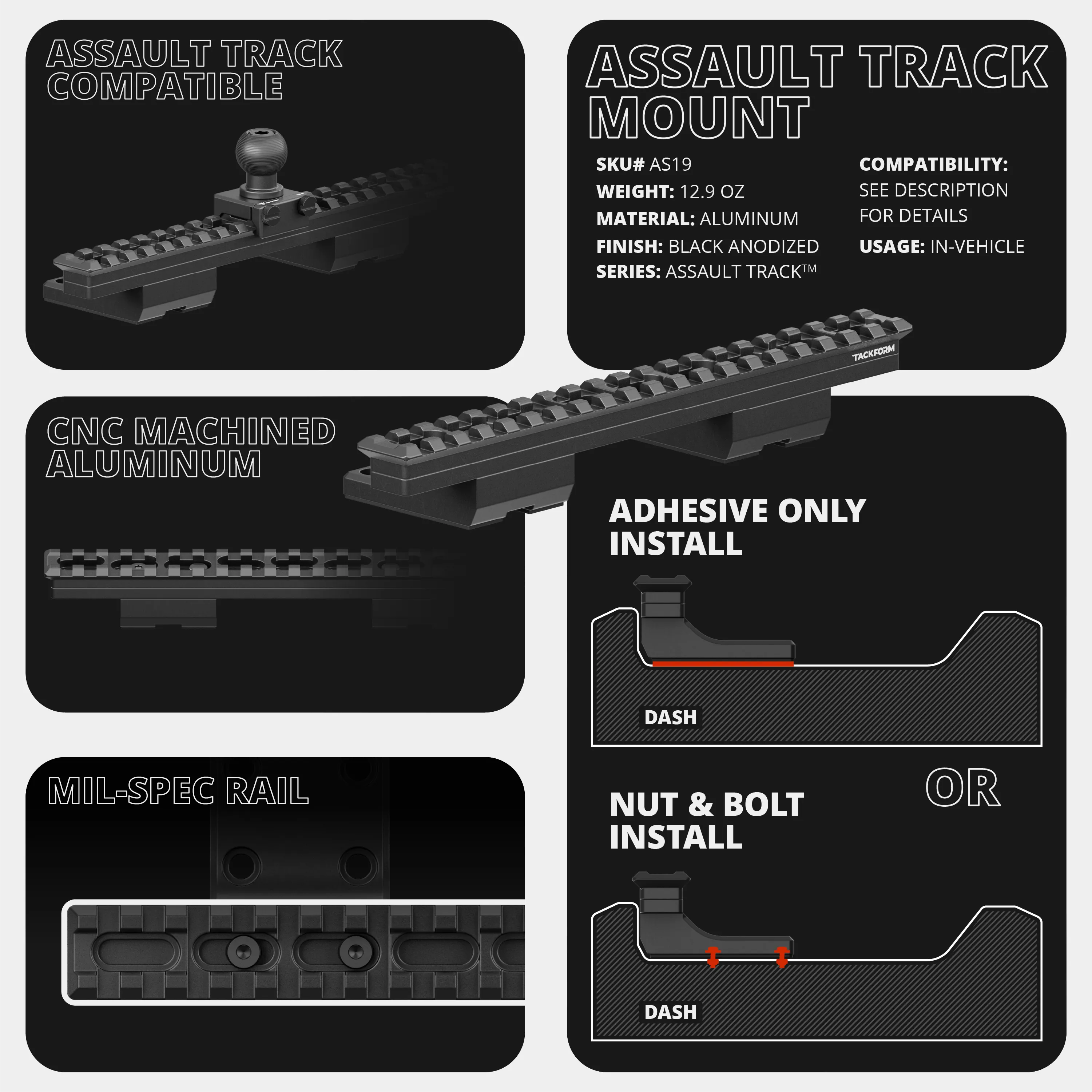 2019-2023 Ford Ranger (WITHOUT Switch Panel) Tackform Assault Track Picatinny Dash Bracket
