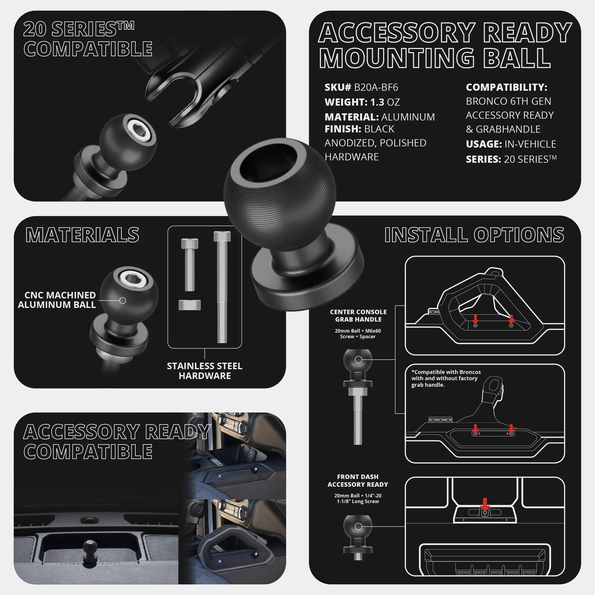 LINK™ Camera Mount | Accessory Ready Dash and Grab Handle Compatible | 2021-2026 Ford Bronco | 3.5" Arm