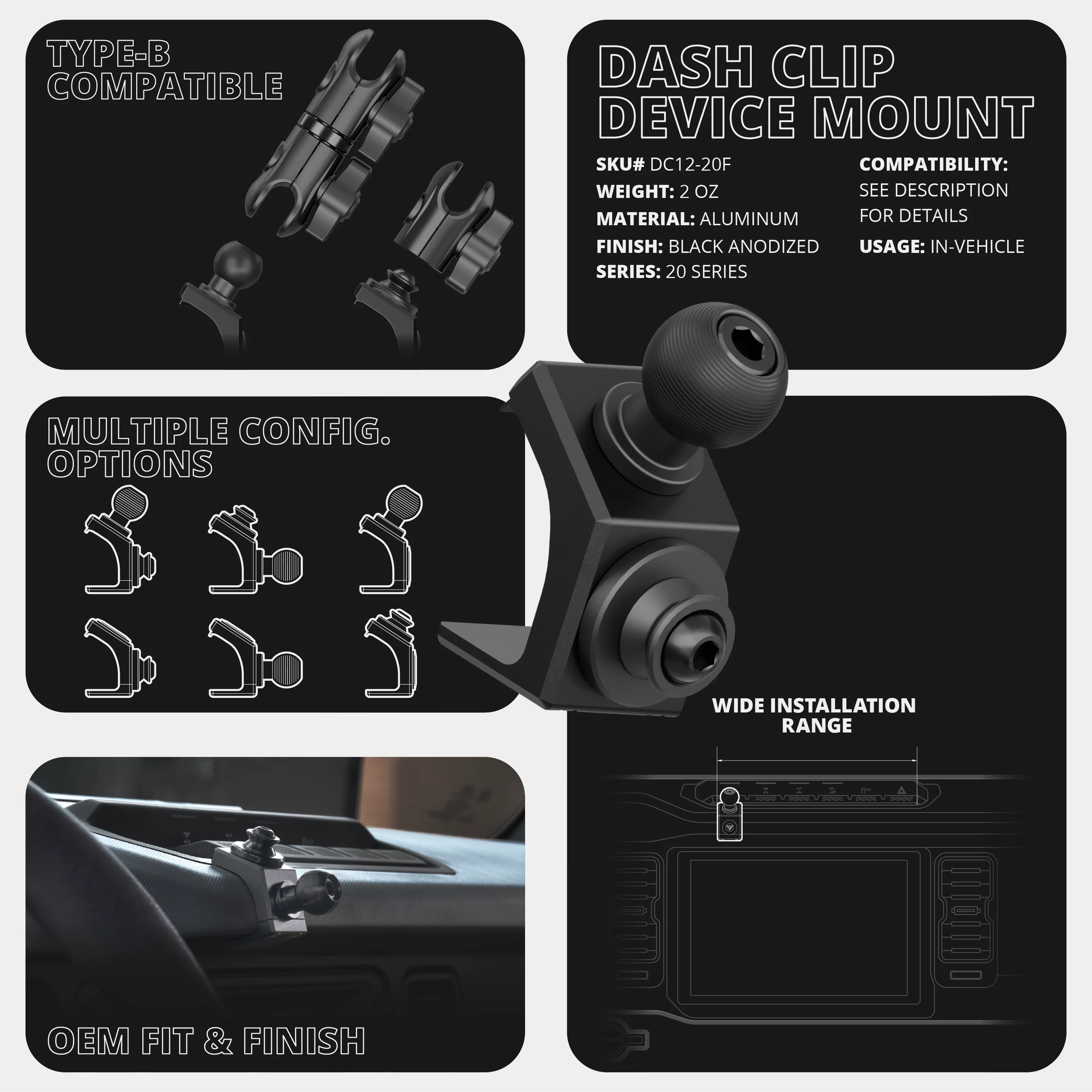 2021-2026 Ford Bronco LINK™ Top Dash Clip | 20mm Metal Ball and Dovetail | 6th Generation | (NOT FOR LEATHERETTE STITCHED DASH)