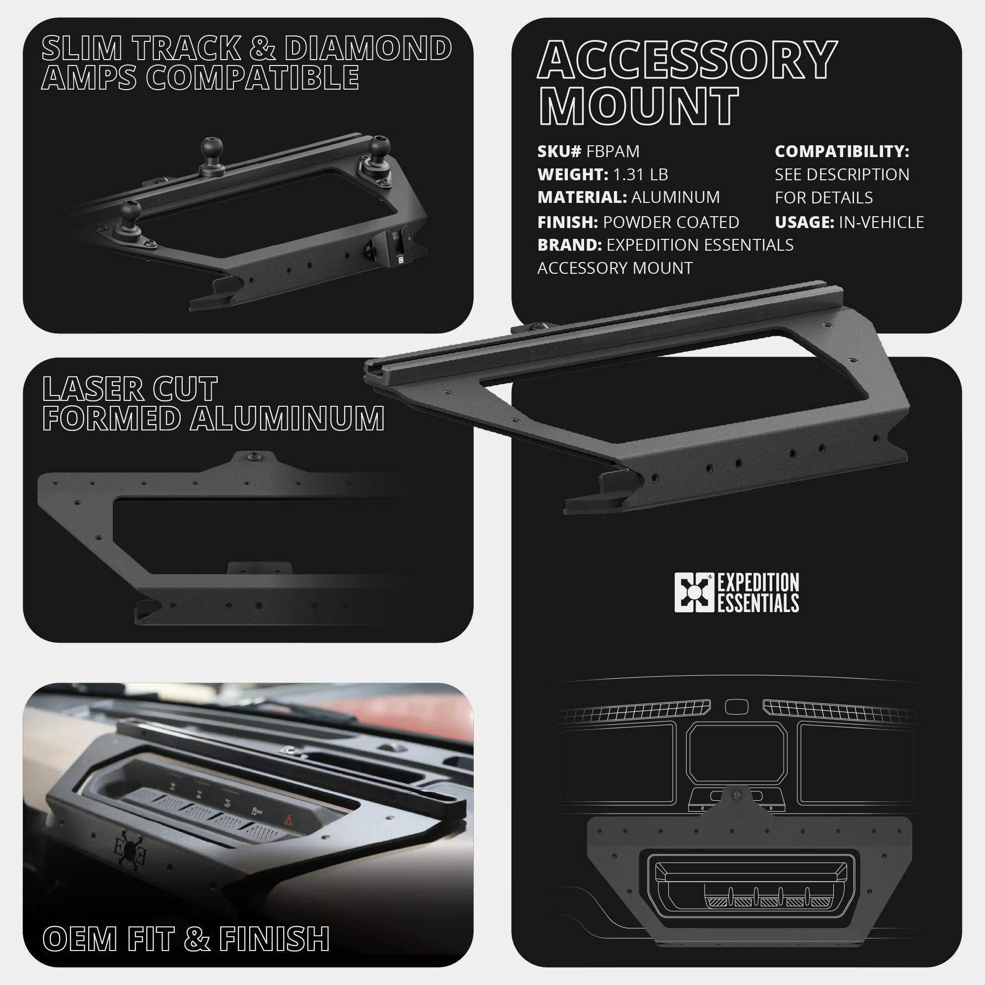 Expedition Essentials Dash Mount With Dual Phone Holders, GoPro and CB Mic Holders | 2021-2026 Ford Bronco & Bronco Raptor (Non-Sport)