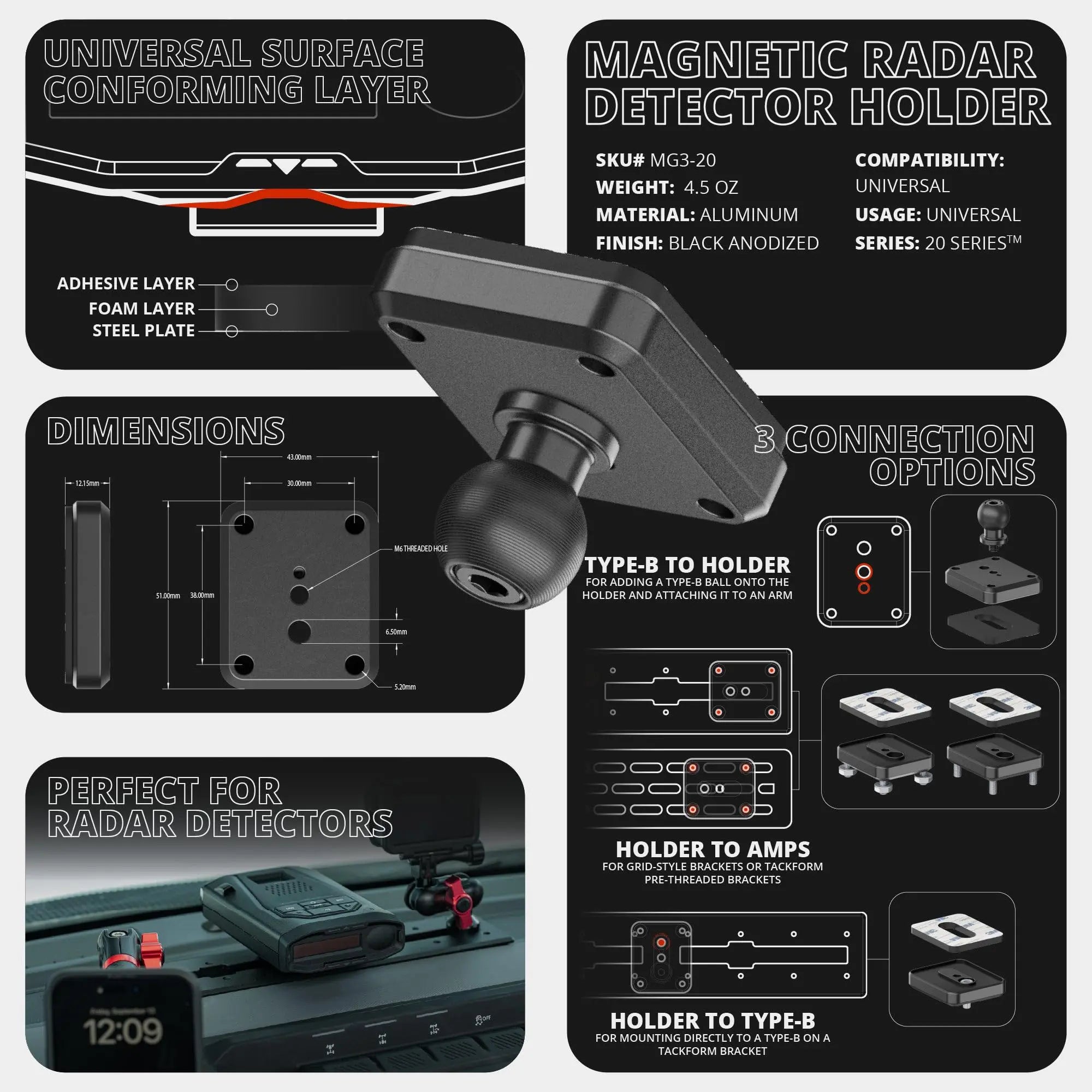 2024-2026 Ford F-150 (See Compatibility Info For Specific Year/Trim Fitment Details) Tackform Slim Track Dash Bracket With 20LITE Phone Mount and Magnetic Radar Detector Holder | Telescoping Arm