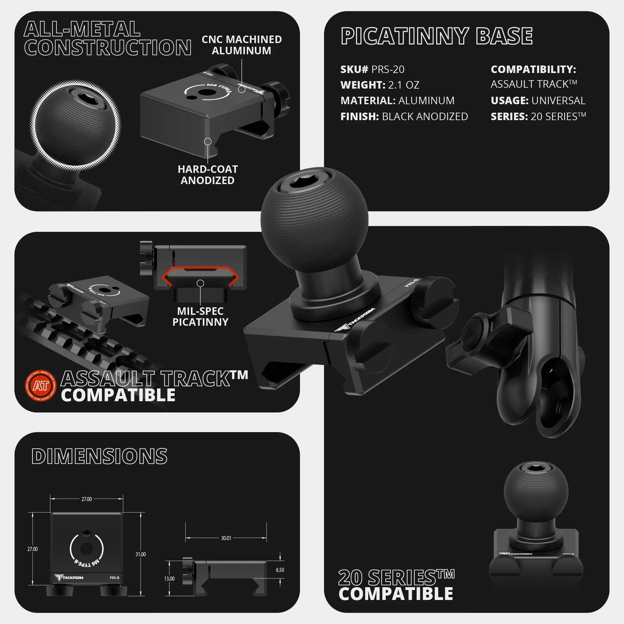 2019-2023 Ford Ranger (WITHOUT Switch Panel) Tackform Assault Track Picatinny Dash Bracket With 20LITE Phone Holder & Tablet Holder
