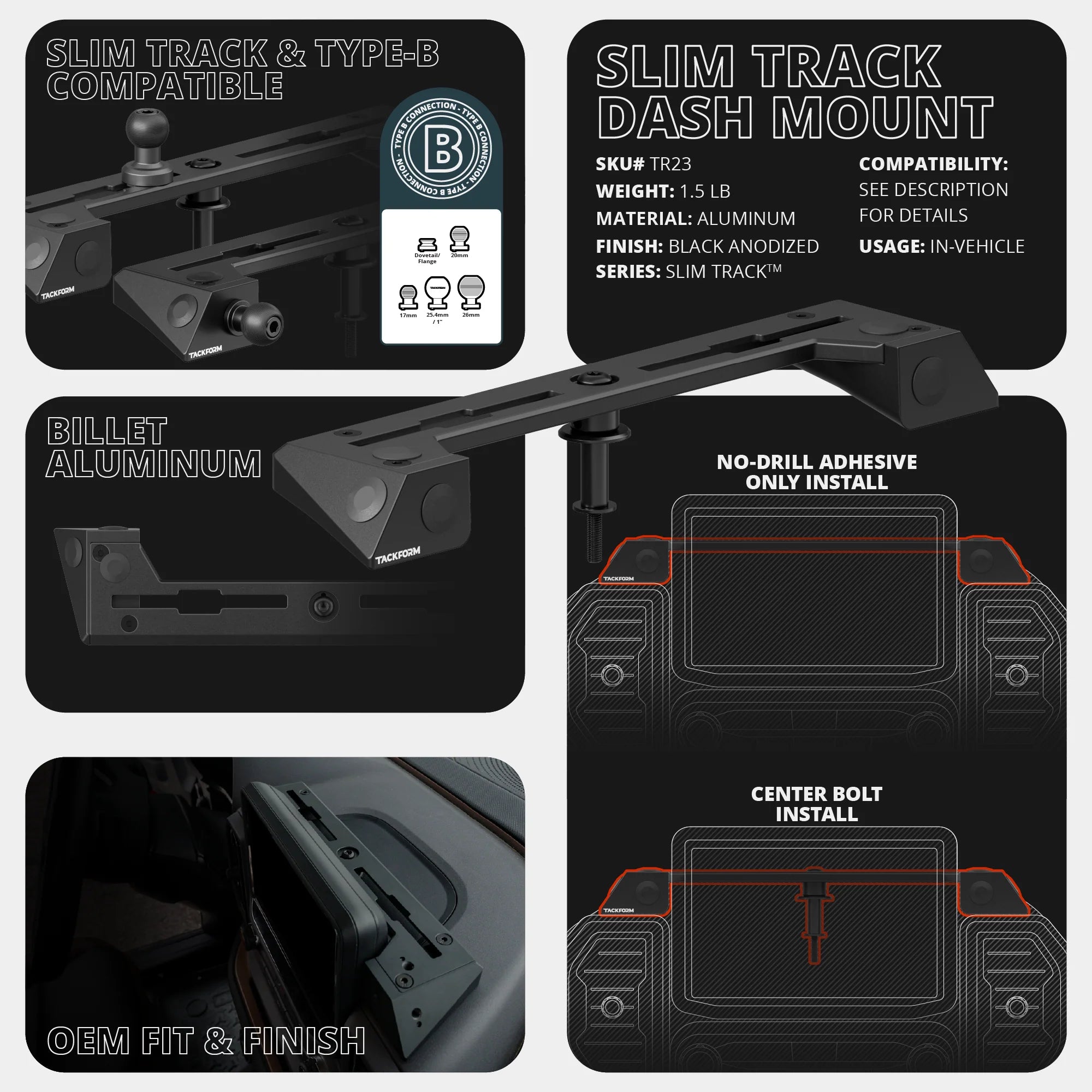 2021 - 2024 Ford Bronco SPORT Tackform Slim Track Dash Bracket With 20LITE Phone & Tablet Mounts