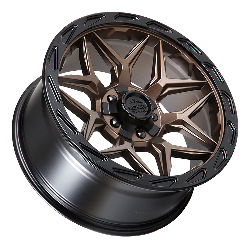 Angled view of MATRIX Matte Bronze offroad wheel highlighting its intricate mesh design and matte bronze finish. Designed for durability and style on rugged terrains.