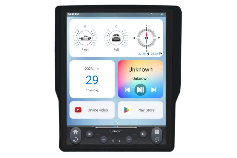 Linkswell GEN 6 T-Style radio for Dodge RAM displaying dashboard widgets including compass, pitch and roll gauges, music player, and app shortcuts.