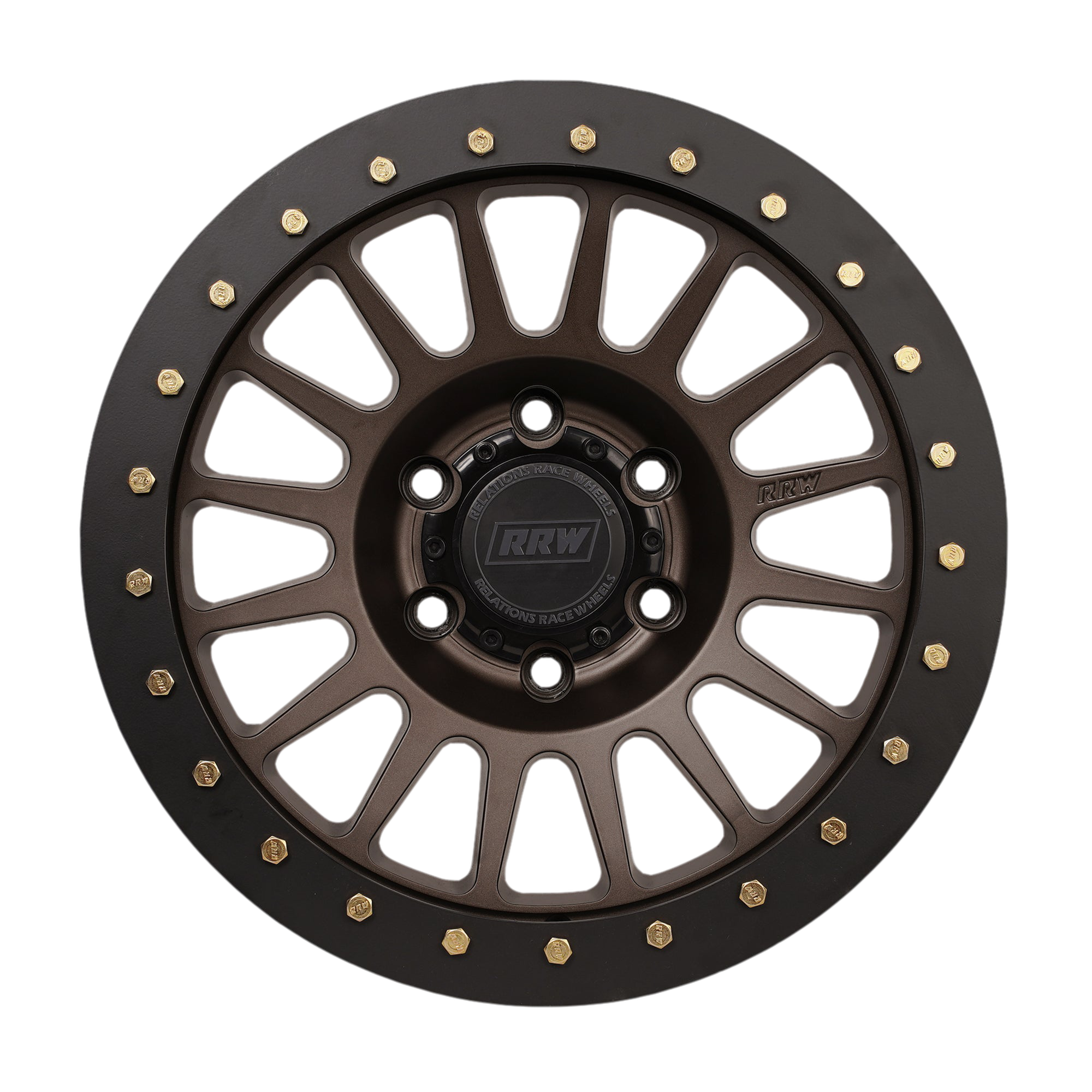 Front view of a hybrid wheel with a black protection ring and gold bolts, emphasizing its precision and durability.