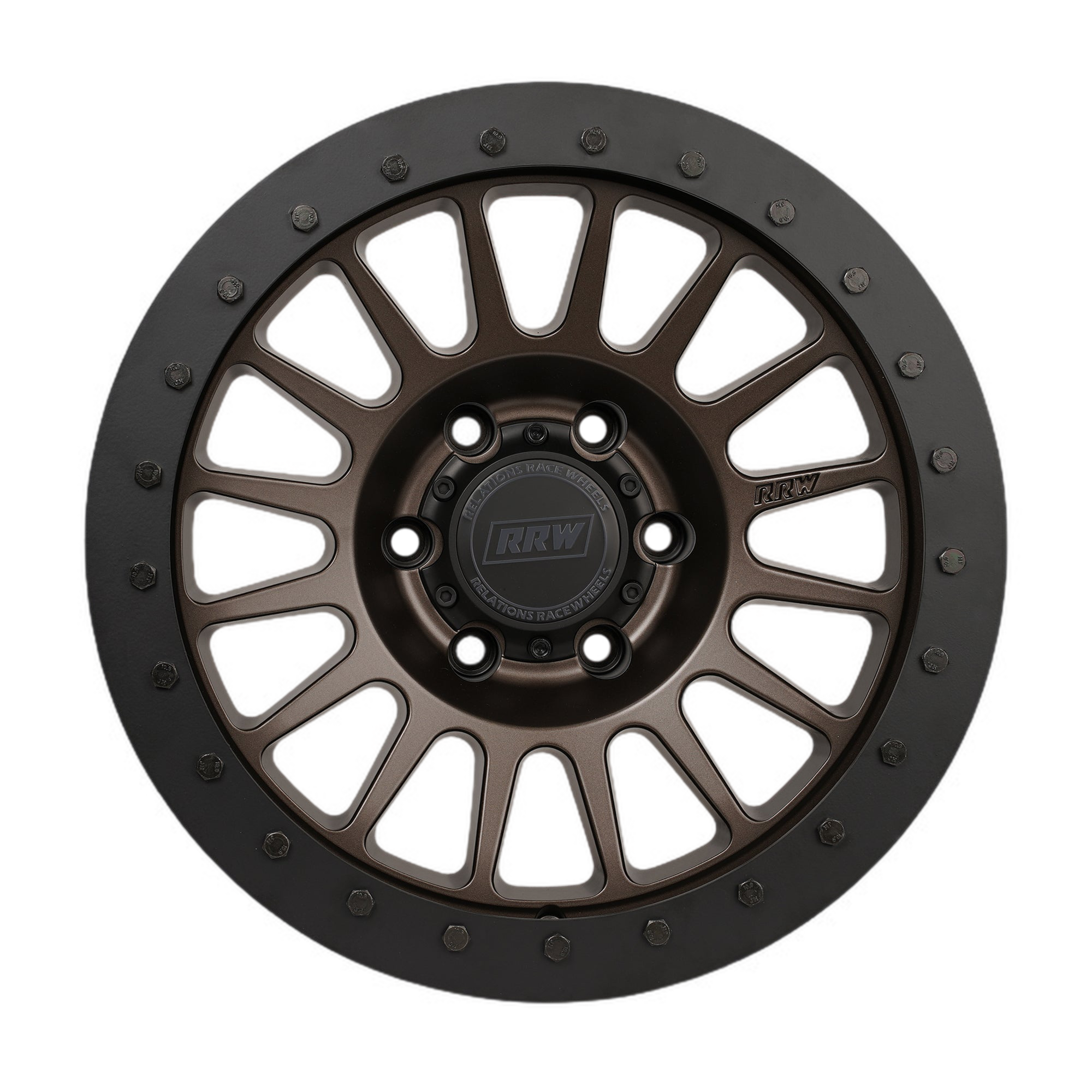 Top-down view of a hybrid wheel with a black protection ring and gold bolts, showcasing its precision-engineered design.