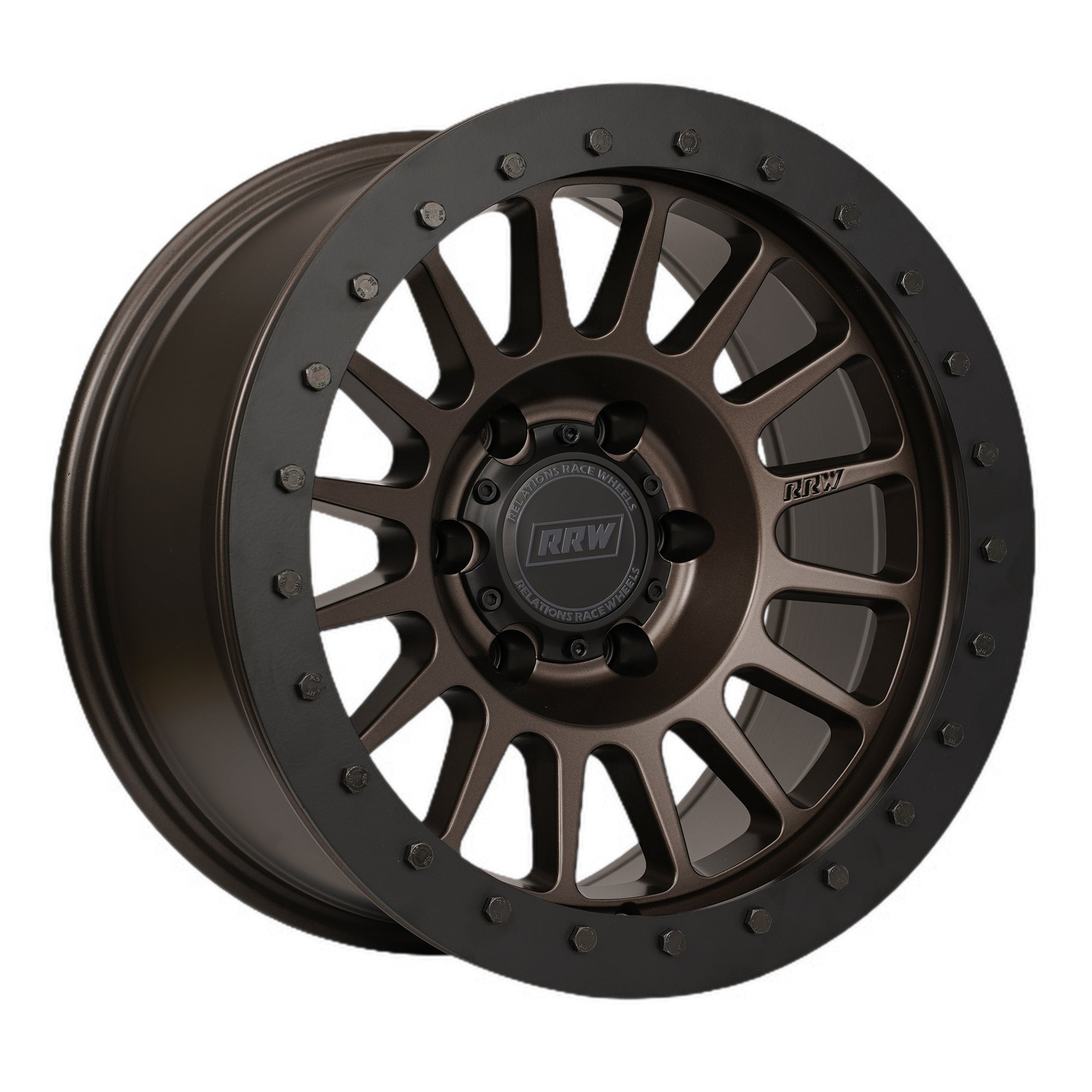 Angled view of a hybrid wheel featuring a black protection ring and gold bolts, designed for enhanced safety and style.