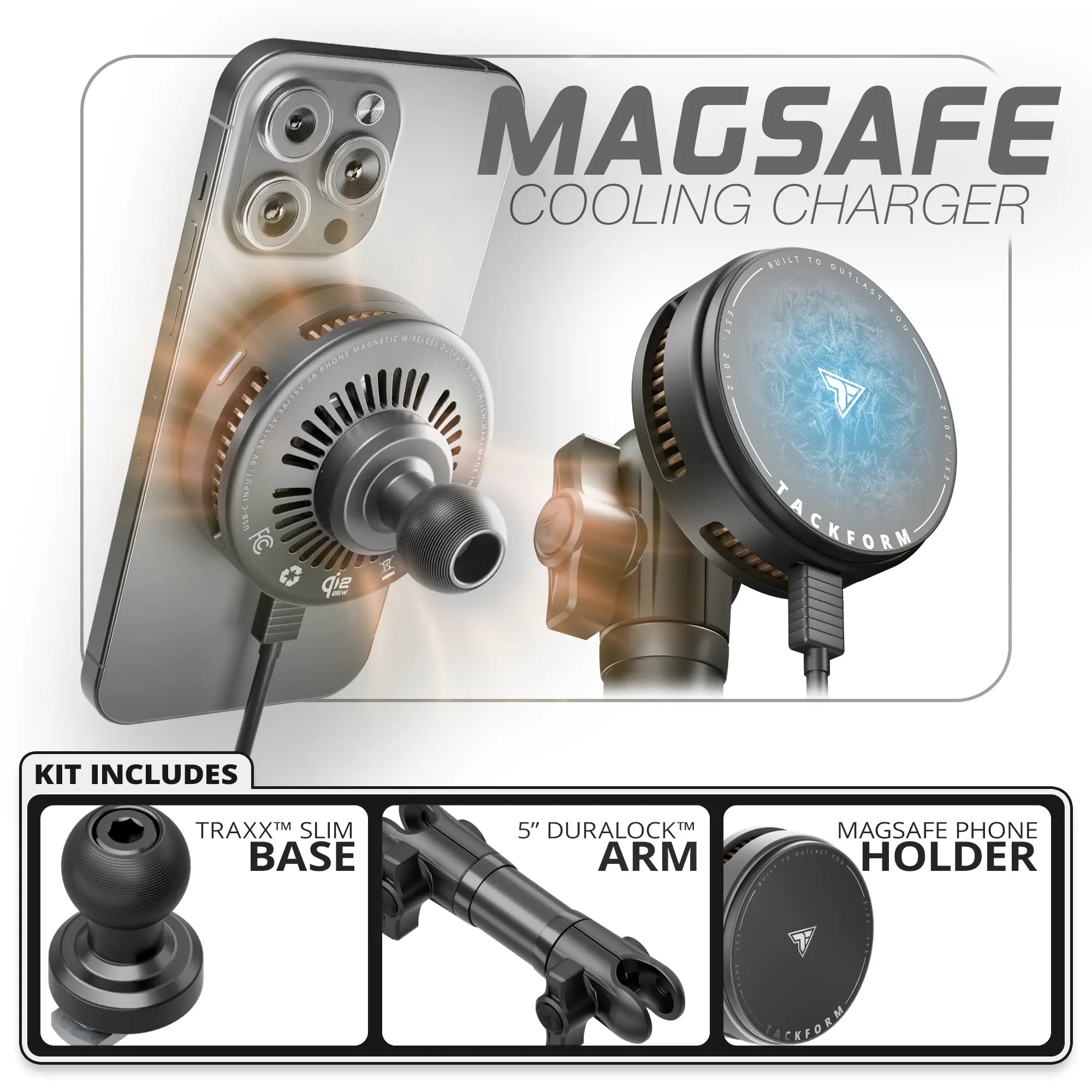 Qi2.2/MagSafe Charging & Cooling Phone Holder  | TRAXX™ - Slim Track Base | 5" DuraLock Arm