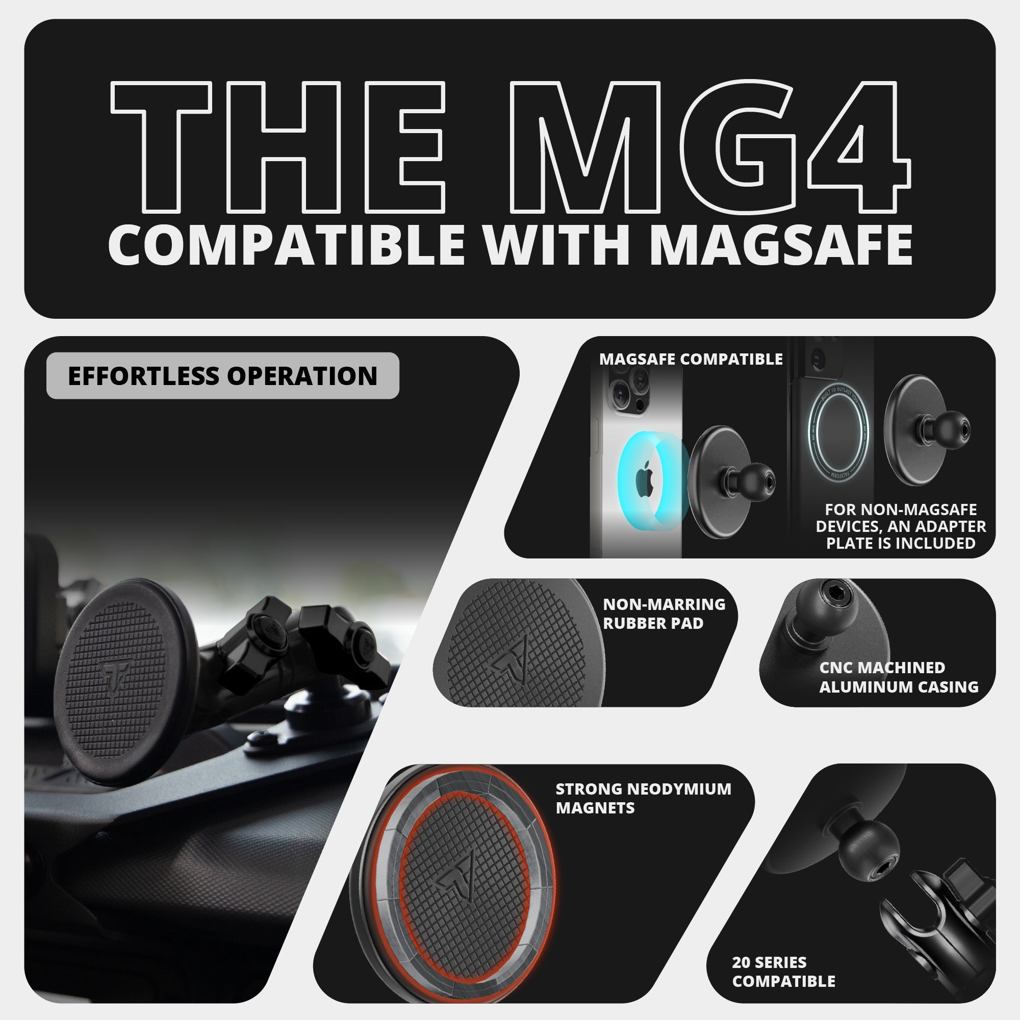 ‘15-‘20 Ford F-150, ‘17-‘22 Super Duty, ‘18-‘21 Expedition (See Compatibility Info For Year/Trim Details) Tackform Slim Track Dash Bracket With MagSafe Phone Mount