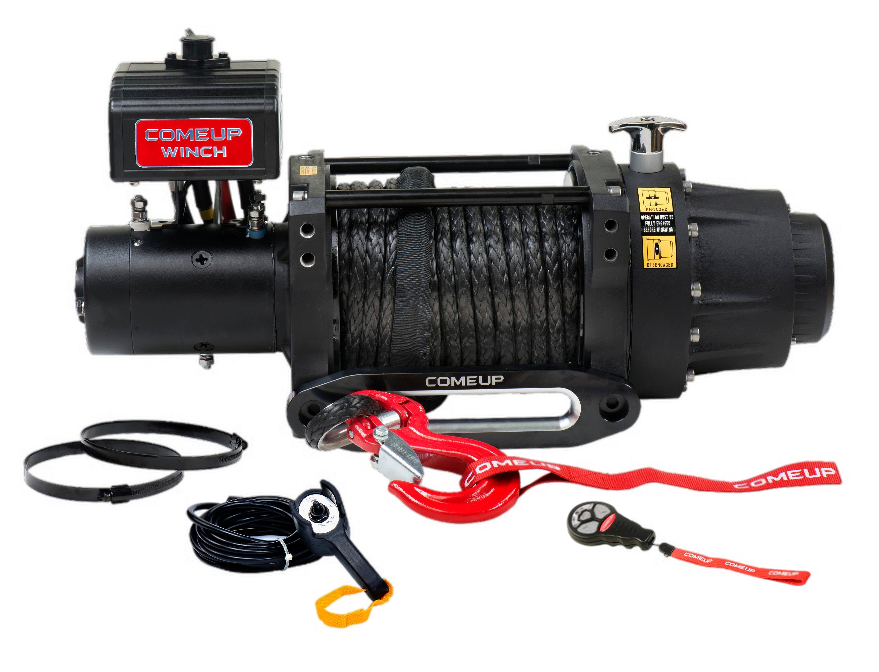 SEAL GEN2 16.5rs, 12V Winch with synthetic rope, red hook, and control accessories for off-road recovery.