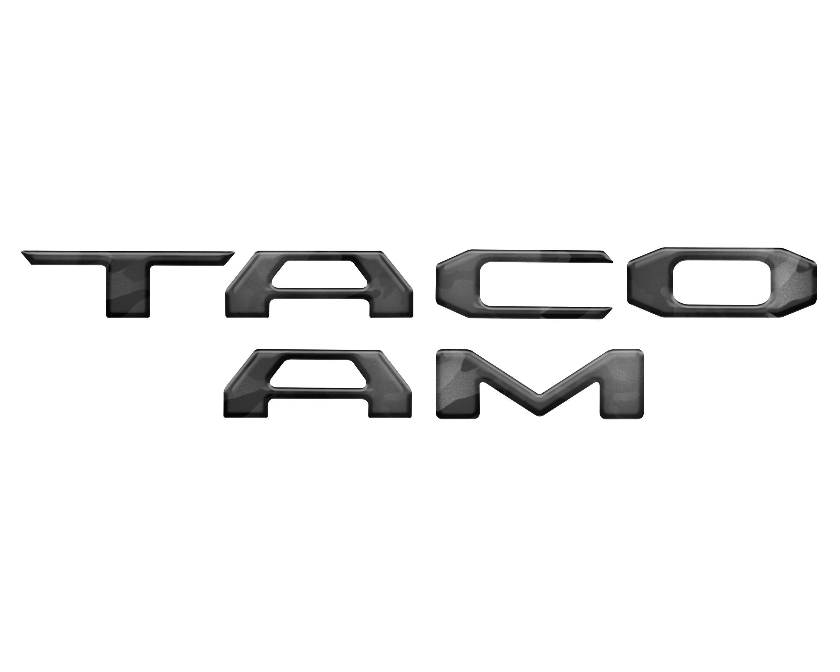 Matte black camo tailgate letter inserts for 2016-2023 Toyota Tacoma, featuring a rugged and modern design.