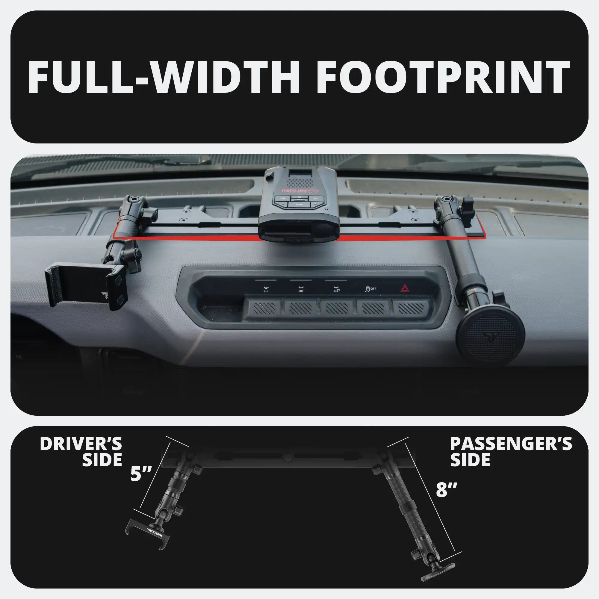 2021-2026 Ford Bronco & Bronco Raptor (Non-Sport) Tackform Slim Track Dash Bracket With Dual MagSafe Charging Phone Mounts
